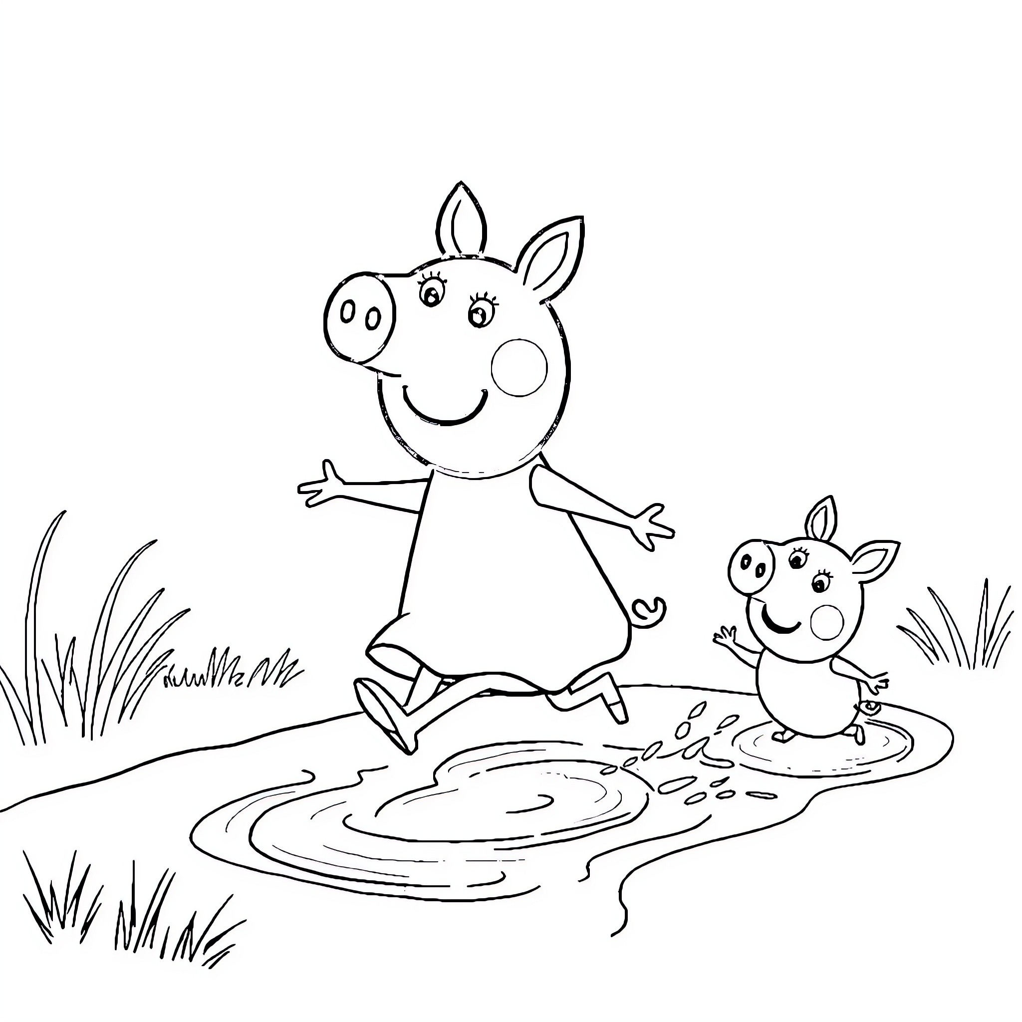 Peppa Pig and Piggy Friends Play in a Puddle Coloring Page (free black-and-white line drawing printable PDF for all, from beginners to advanced learners, including children, teens, adults, and seniors)