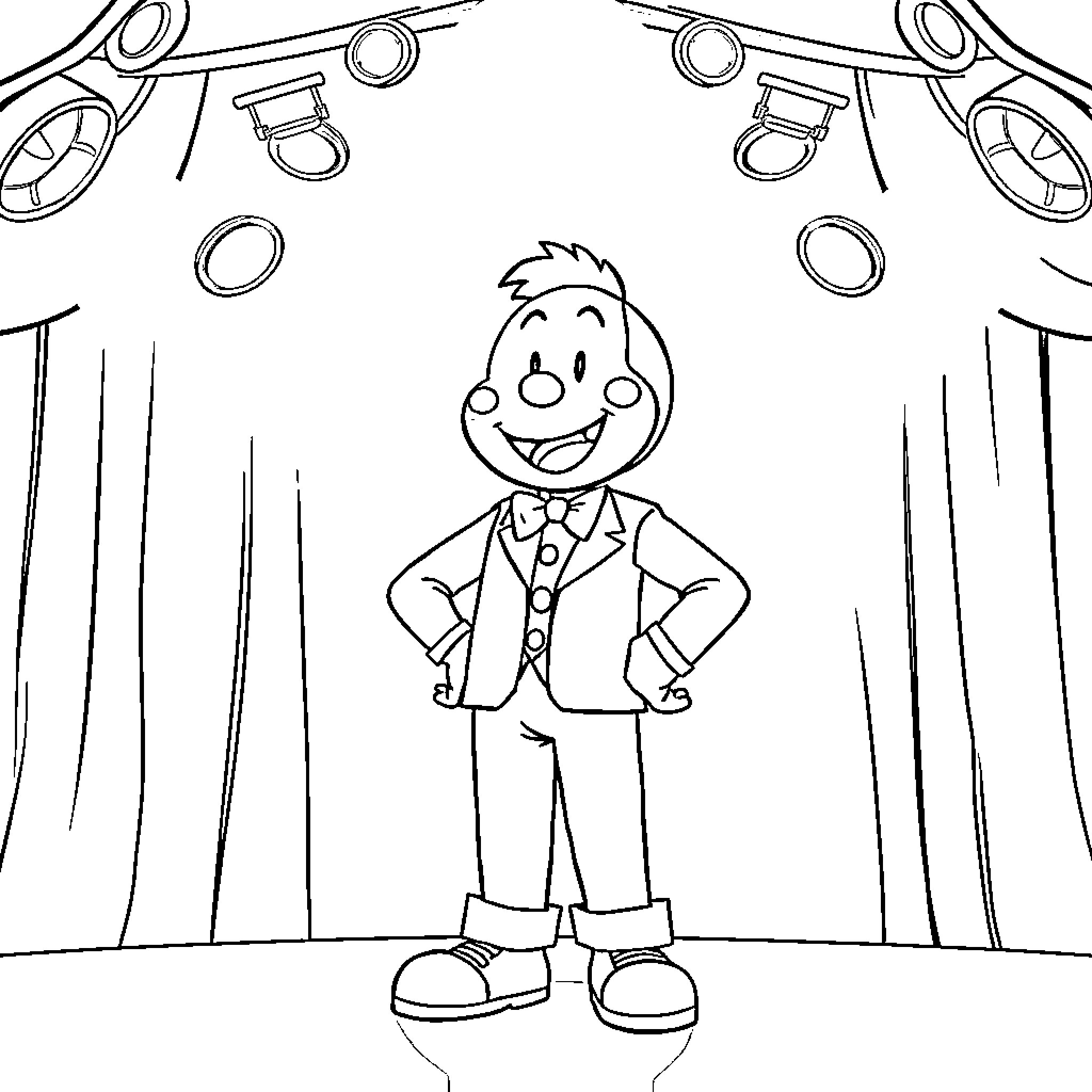 Buster Moon performing on the stage Coloring Page (free black-and-white line drawing printable PDF for all, from beginners to advanced learners, including children, teens, adults, and seniors)