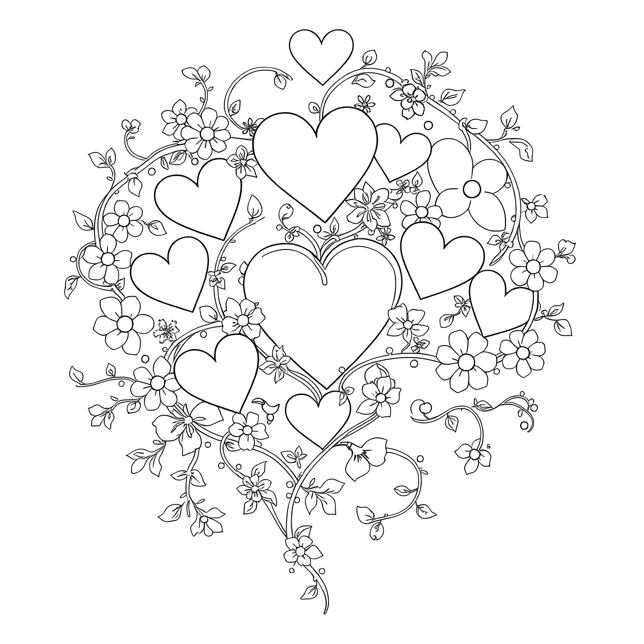 Valentine's Day Hearts and Flowers Coloring Page (free black-and-white line drawing printable PDF for all, from beginners to advanced learners, including children, teens, adults, and seniors)