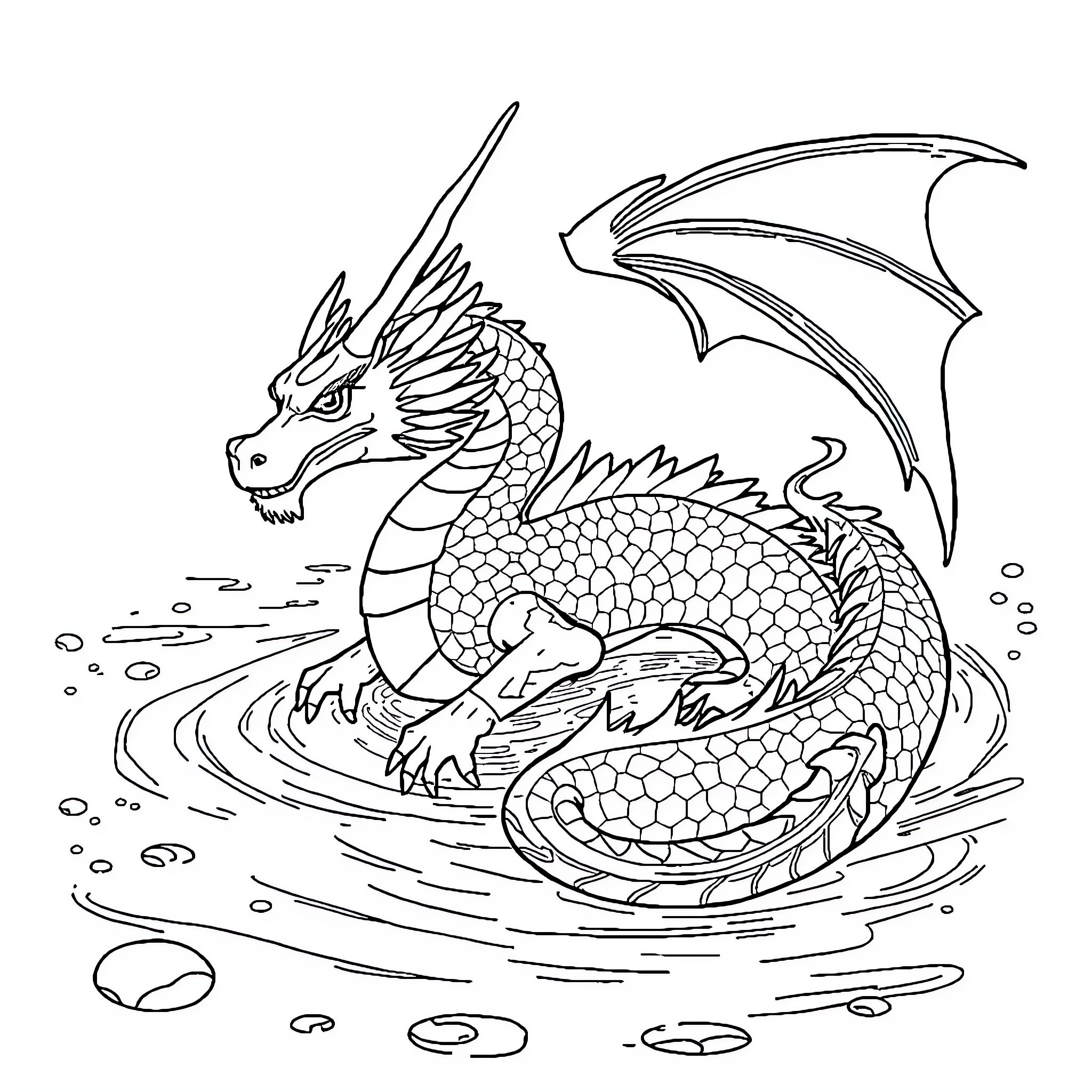 Dragon emerging from the water with fierce expression Coloring Page (free black-and-white line drawing printable PDF for all, from beginners to advanced learners, including children, teens, adults, and seniors)