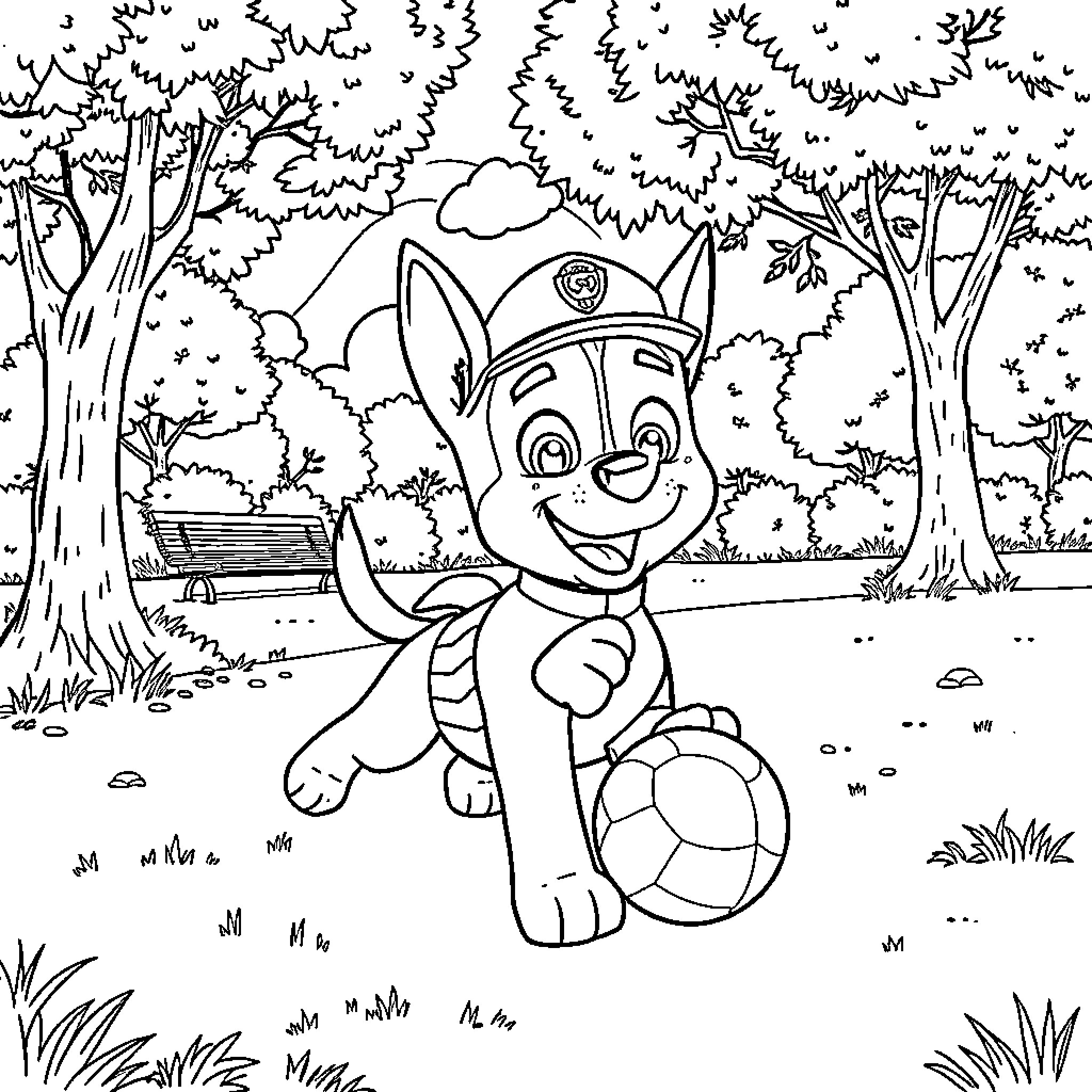 Chase the Playful Pup in the Enchanting Forest Coloring Page (free black-and-white line drawing printable PDF for all, from beginners to advanced learners, including children, teens, adults, and seniors)