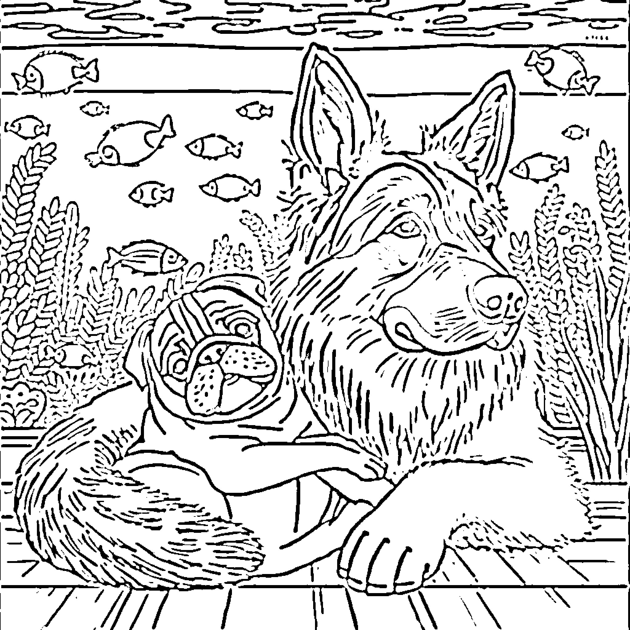Pug underwater adventure with fish and seaweeds Coloring Page (free black-and-white line drawing printable PDF for all, from beginners to advanced learners, including children, teens, adults, and seniors)