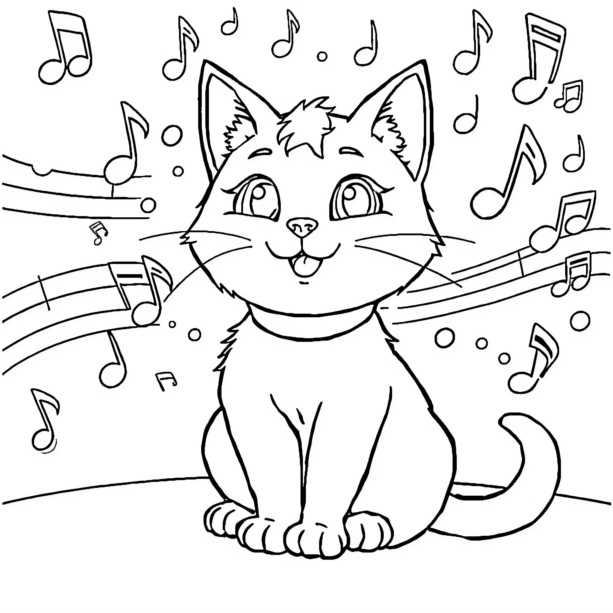 Wenda the Singing Cat with Musical Notes Coloring Page (free black-and-white line drawing printable PDF for all, from beginners to advanced learners, including children, teens, adults, and seniors)