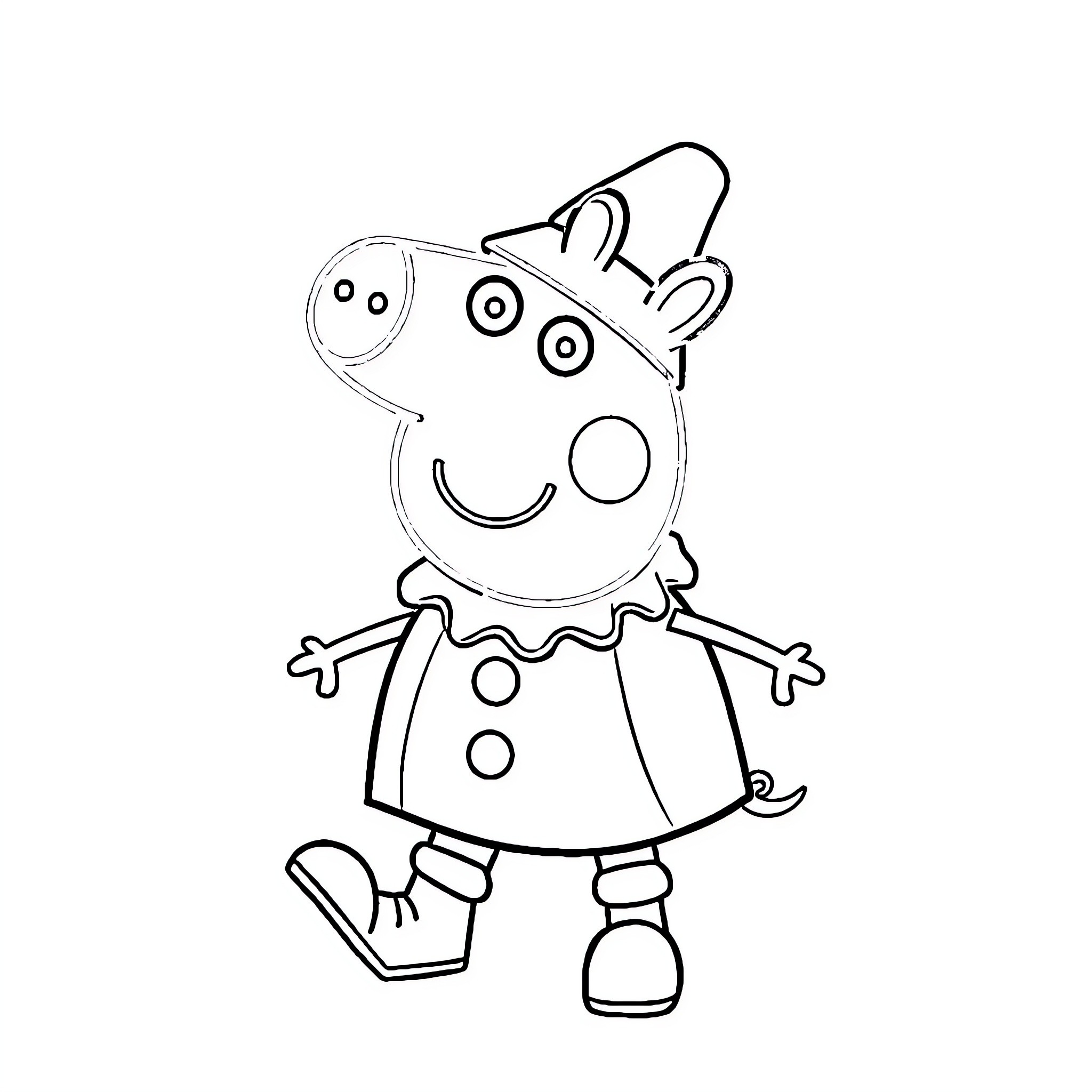 Peppa Pig playing happily in costume Coloring Page (free black-and-white line drawing printable PDF for all, from beginners to advanced learners, including children, teens, adults, and seniors)