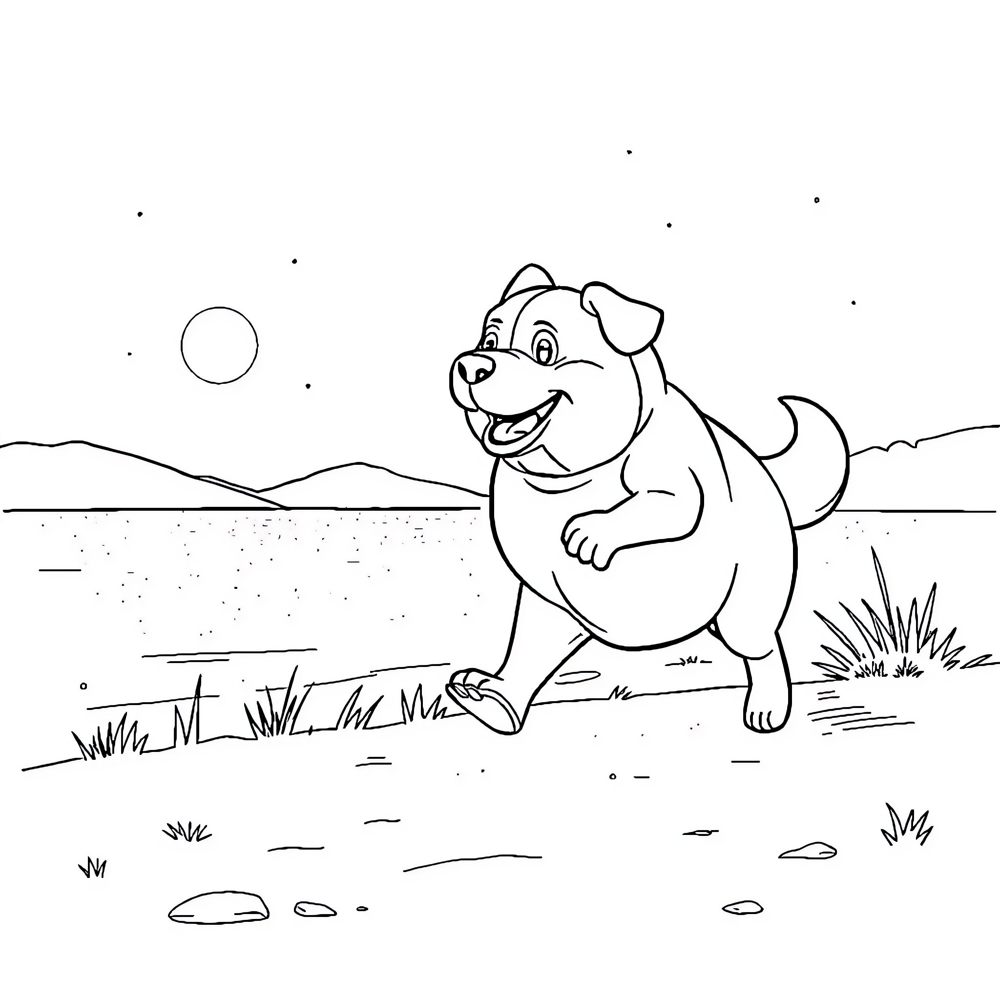 Dog enjoying a peaceful stroll in the countryside Coloring Page (free black-and-white line drawing printable PDF for all, from beginners to advanced learners, including children, teens, adults, and seniors)