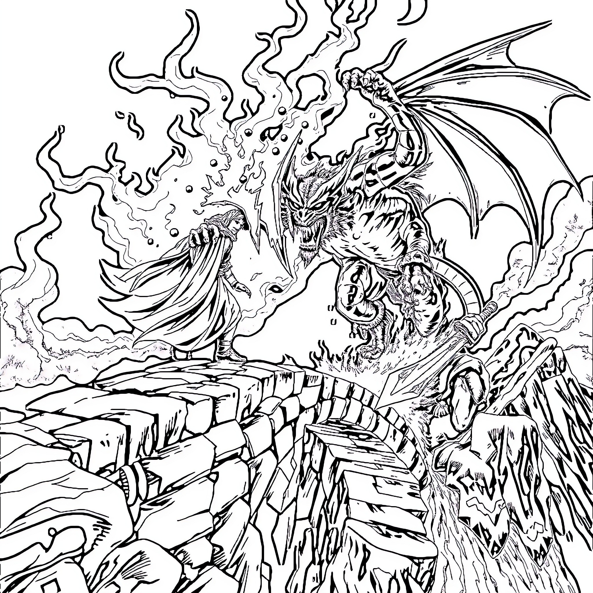 Gandalf facing off against a fearsome dragon in a dramatic scene Coloring Page (free black-and-white line drawing printable PDF for all, from beginners to advanced learners, including children, teens, adults, and seniors)