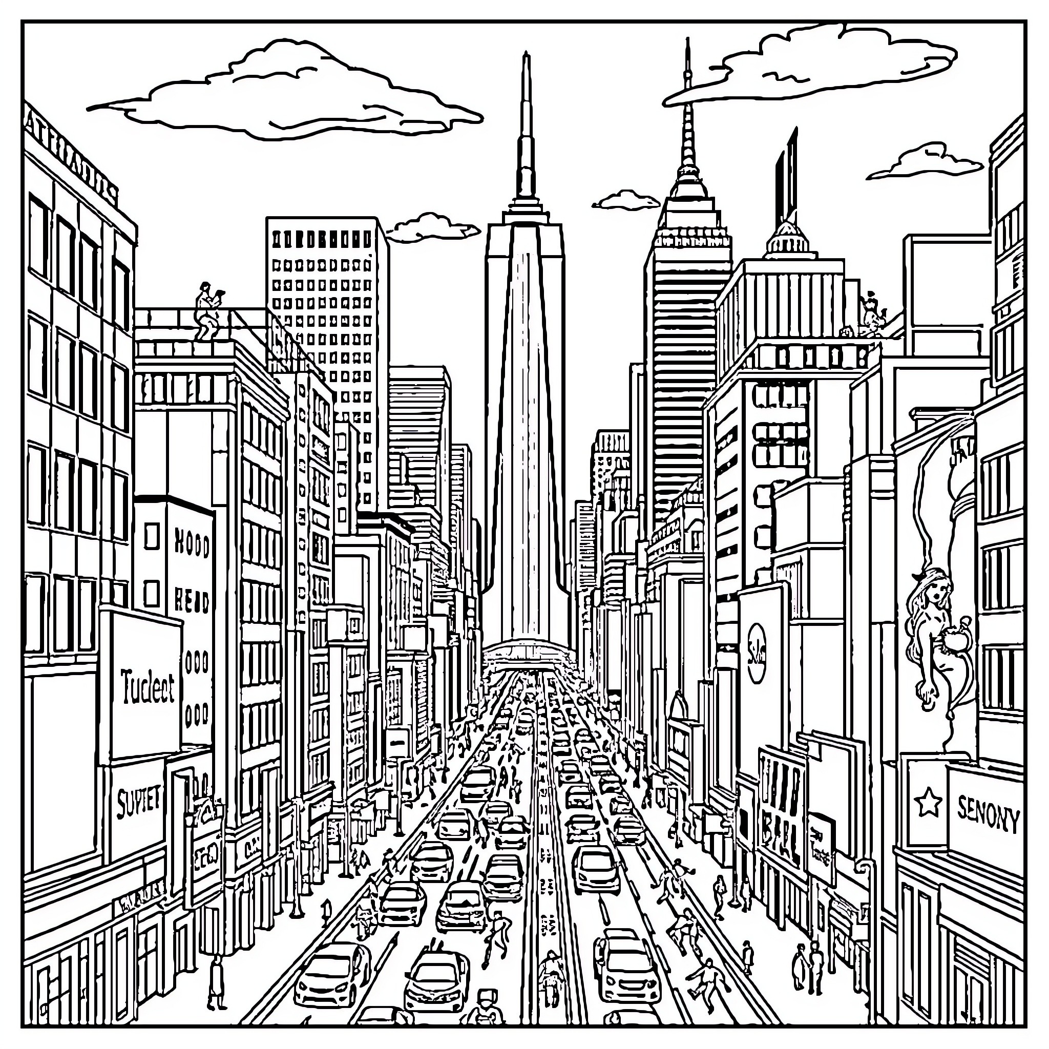 City scene of bustling urban life with skyscrapers Coloring Page (free black-and-white line drawing printable PDF for all, from beginners to advanced learners, including children, teens, adults, and seniors)