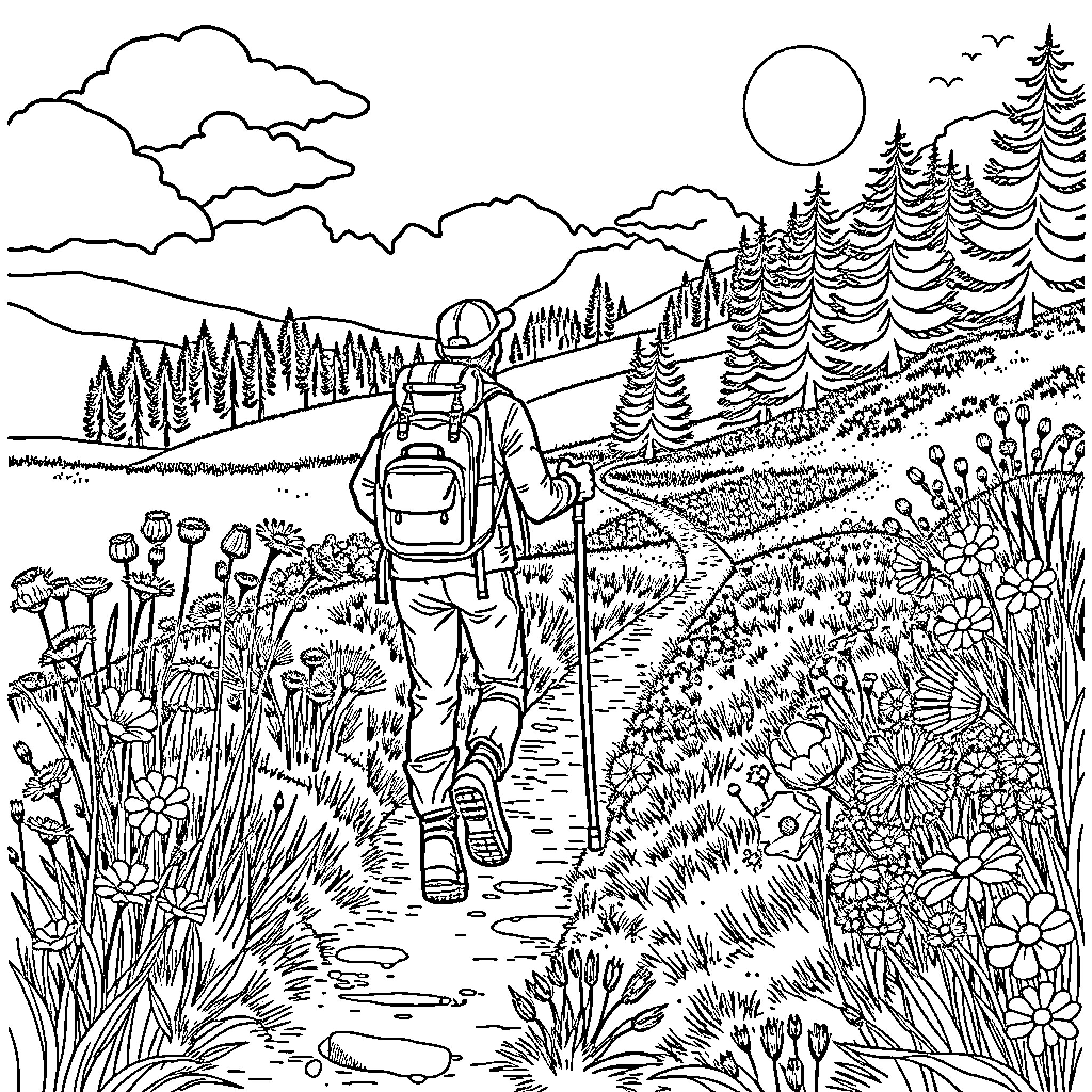 Hiker exploring the scenic mountain trail Coloring Page (free black-and-white line drawing printable PDF for all, from beginners to advanced learners, including children, teens, adults, and seniors)