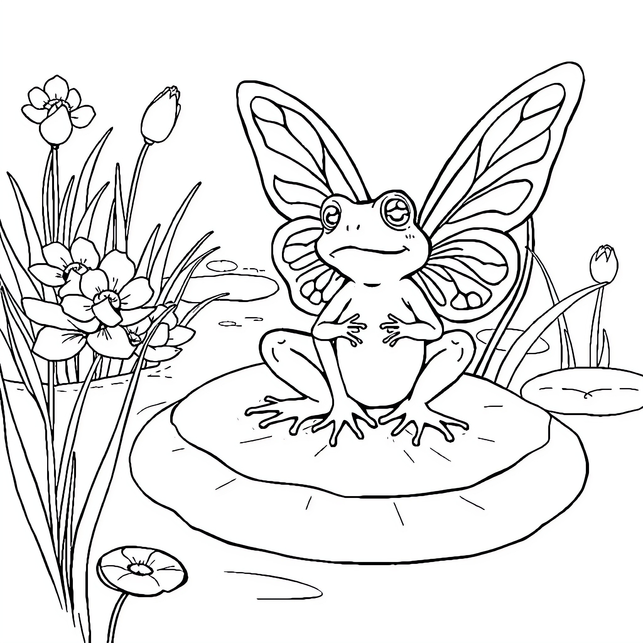 Frog happily sitting on a lily pad surrounded by flowers Coloring Page (free black-and-white line drawing printable PDF for all, from beginners to advanced learners, including children, teens, adults, and seniors)