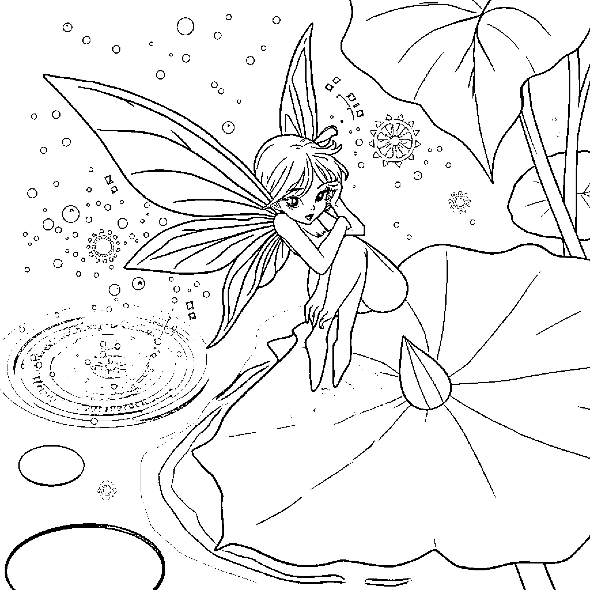 Fairy ice skating in a winter wonderland Coloring Page (free black-and-white line drawing printable PDF for all, from beginners to advanced learners, including children, teens, adults, and seniors)