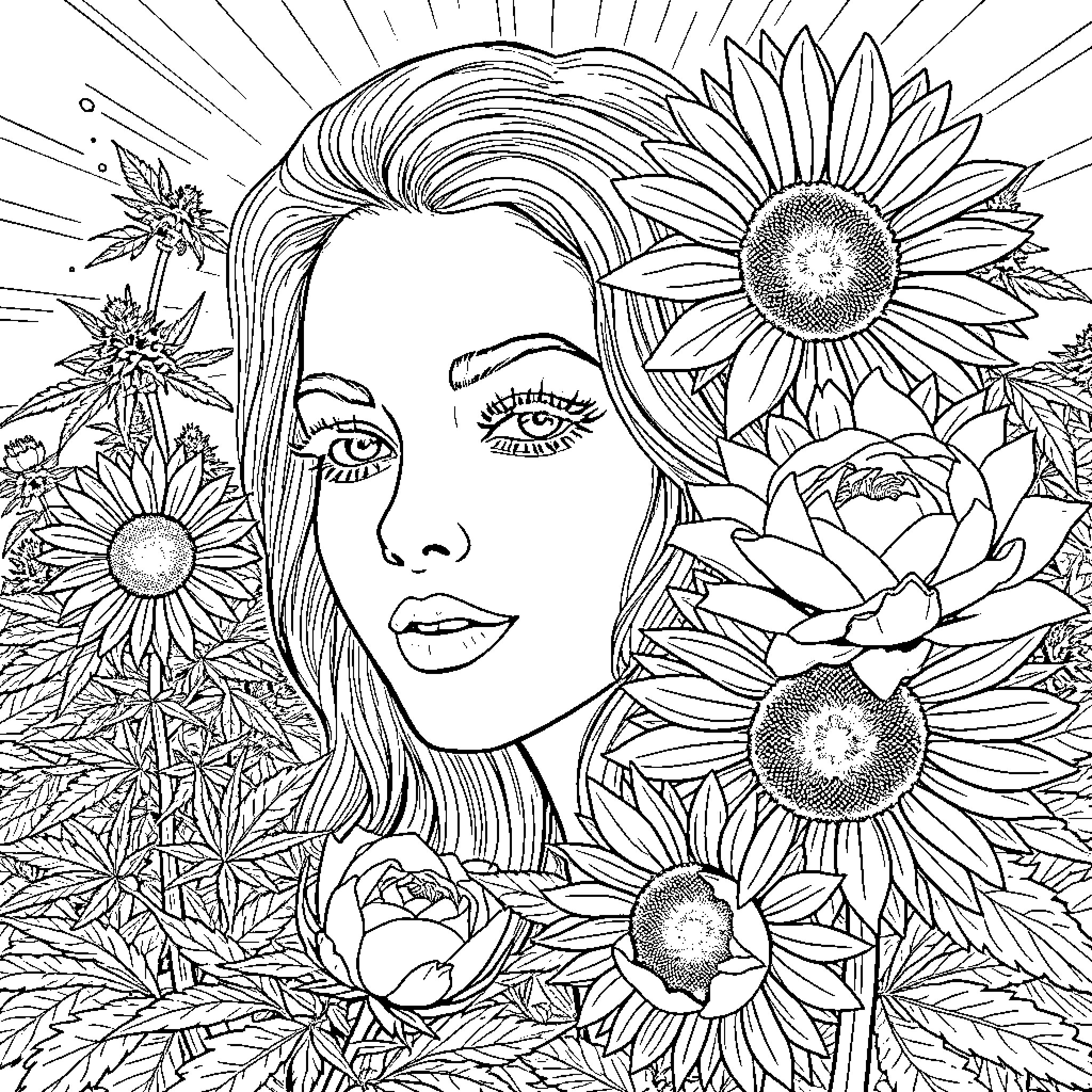 Woman surrounded by blooming floral elements Coloring Page (free black-and-white line drawing printable PDF for all, from beginners to advanced learners, including children, teens, adults, and seniors)