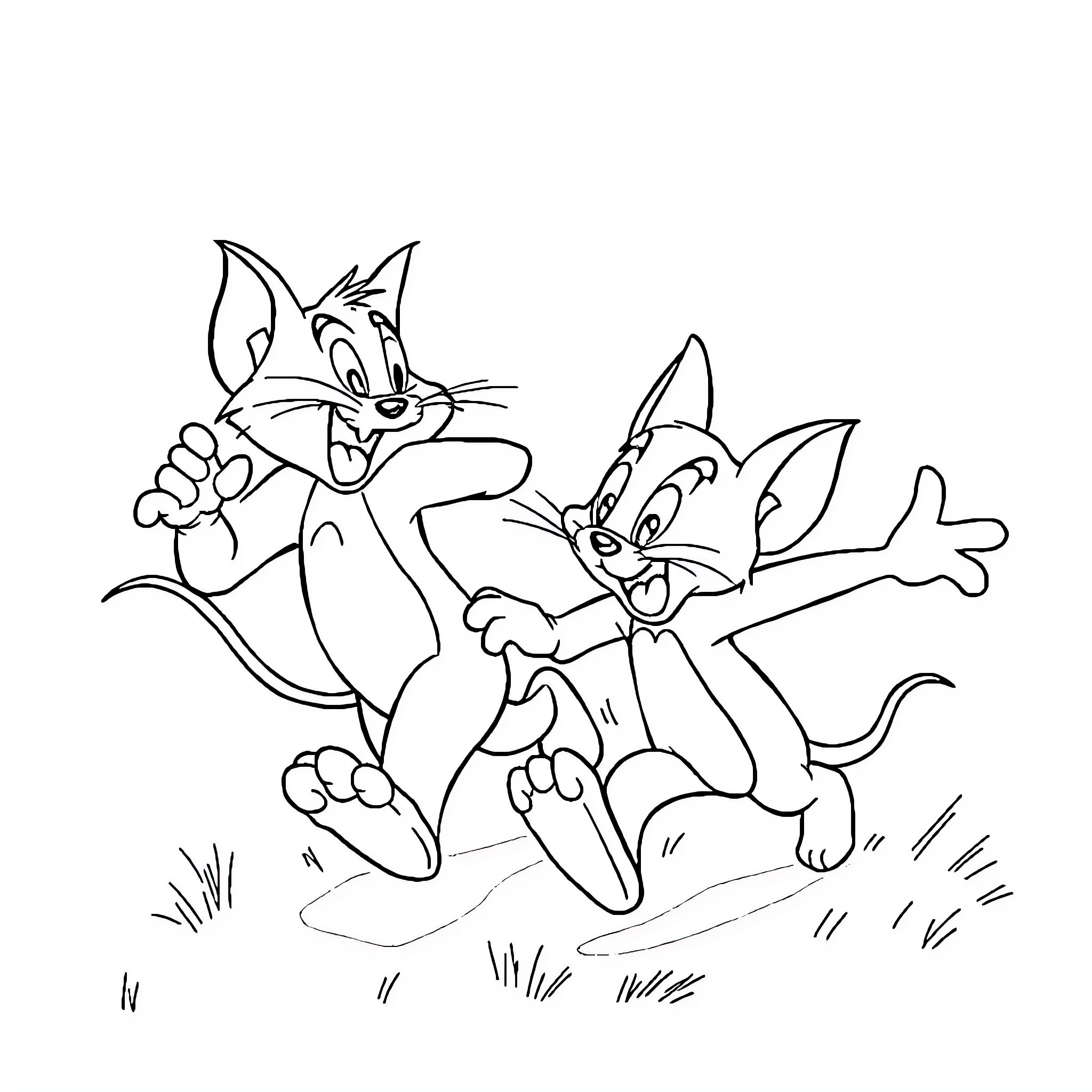 Tom and Jerry chasing each other playfully Coloring Page (free black-and-white line drawing printable PDF for all, from beginners to advanced learners, including children, teens, adults, and seniors)