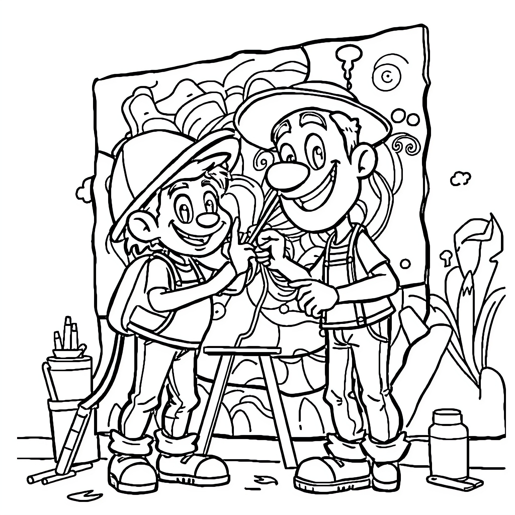 Game Characters Painting Together in the Studio Coloring Page (free black-and-white line drawing printable PDF for all, from beginners to advanced learners, including children, teens, adults, and seniors)