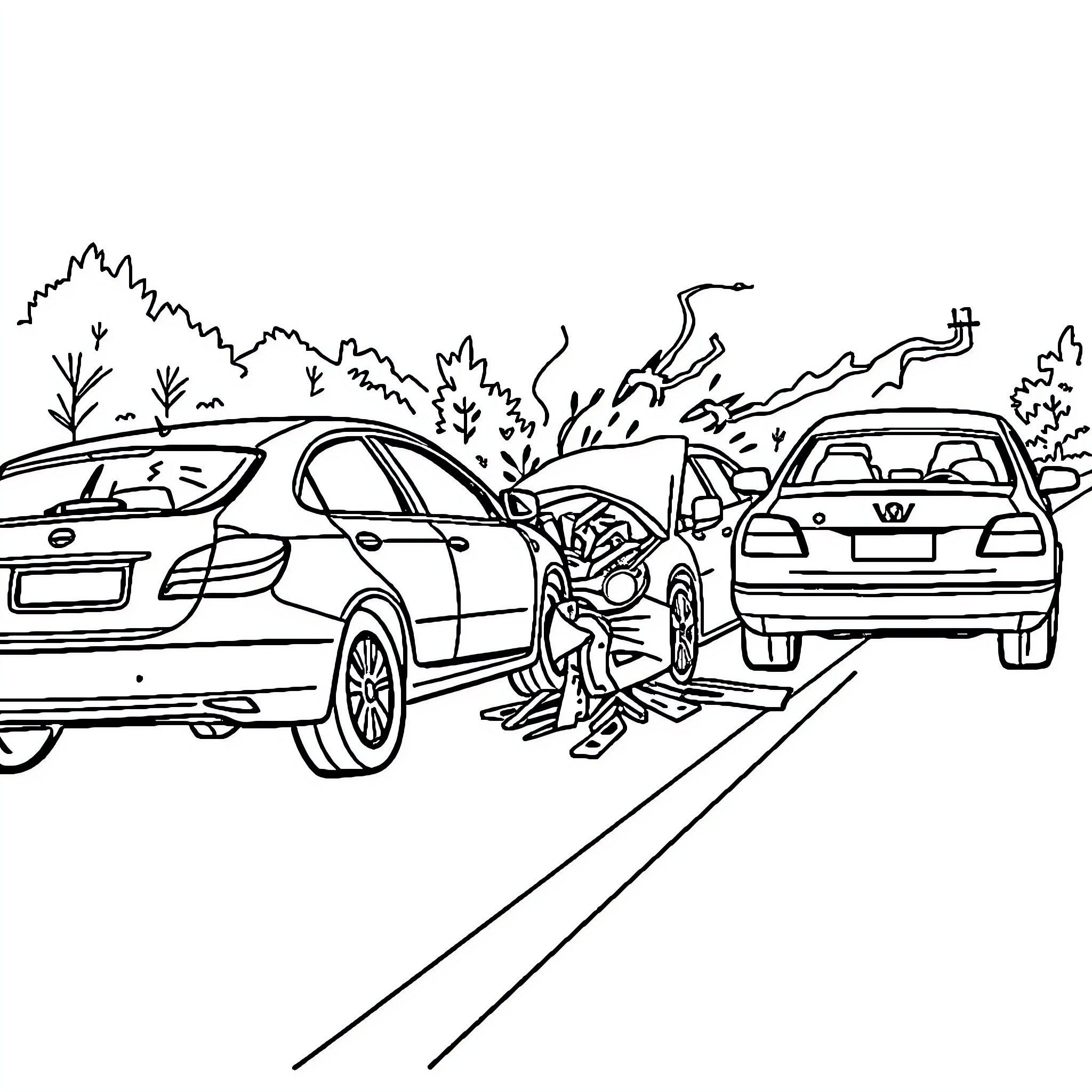 Car Accident on Roadside with Damaged Vehicles Coloring Page (free black-and-white line drawing printable PDF for all, from beginners to advanced learners, including children, teens, adults, and seniors)