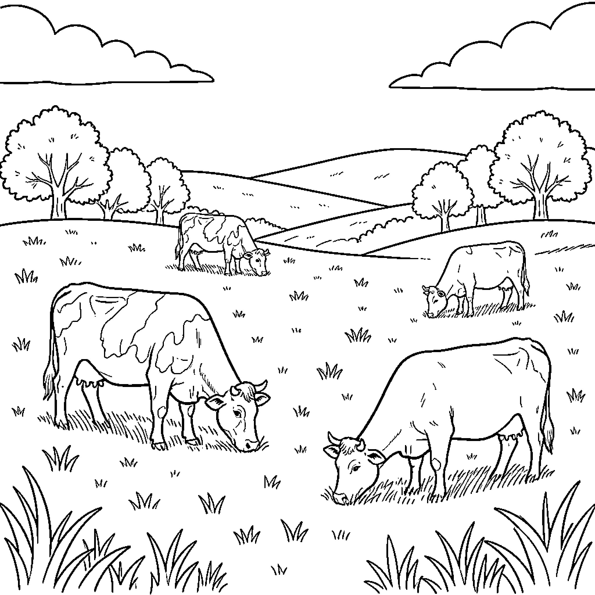 Cows grazing peacefully in a pastoral landscape Coloring Page (free black-and-white line drawing printable PDF for all, from beginners to advanced learners, including children, teens, adults, and seniors)