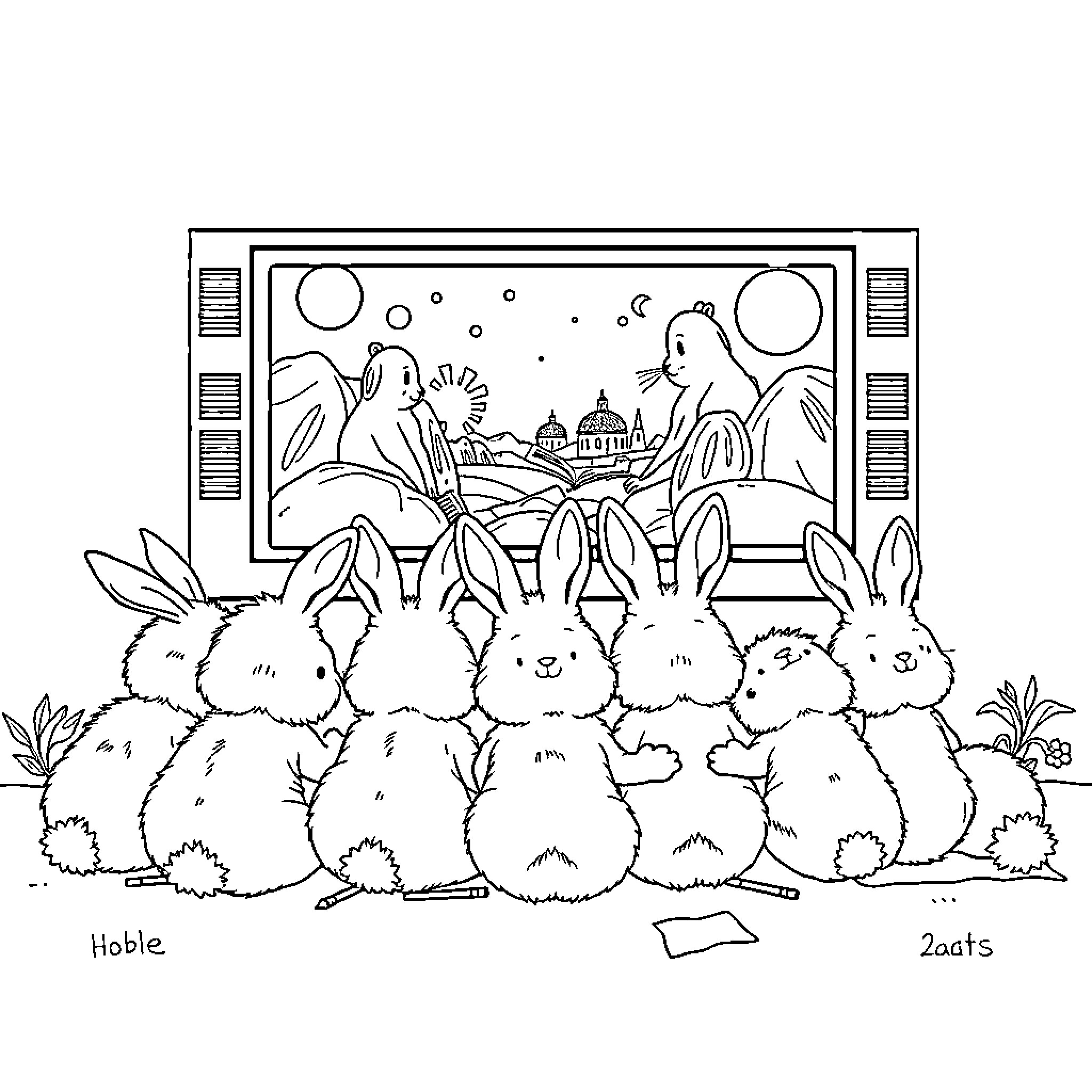 Bunny friends enjoying a performance Coloring Page (free black-and-white line drawing printable PDF for all, from beginners to advanced learners, including children, teens, adults, and seniors)