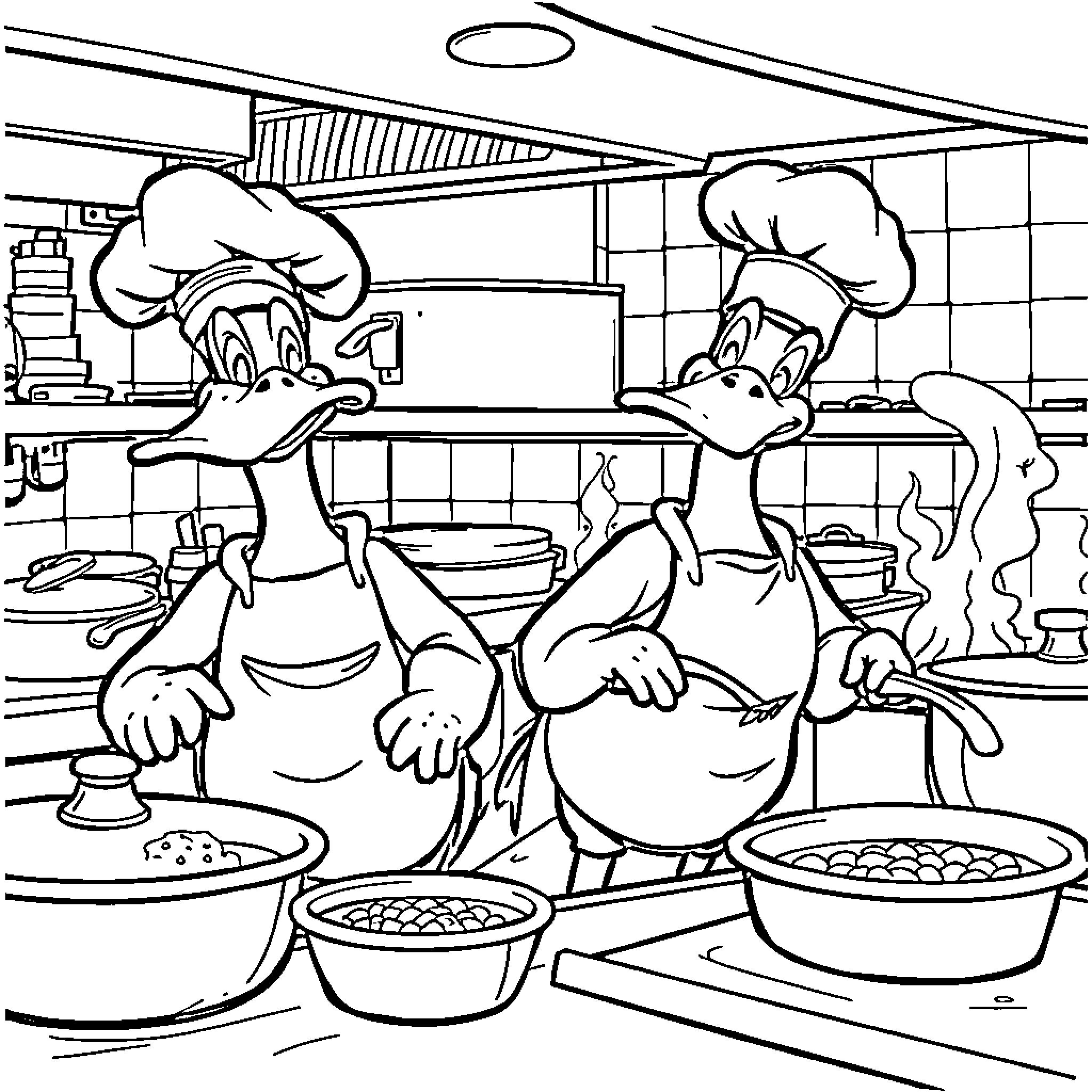 Duck chefs cooking in the kitchen Coloring Page (free black-and-white line drawing printable PDF for all, from beginners to advanced learners, including children, teens, adults, and seniors)