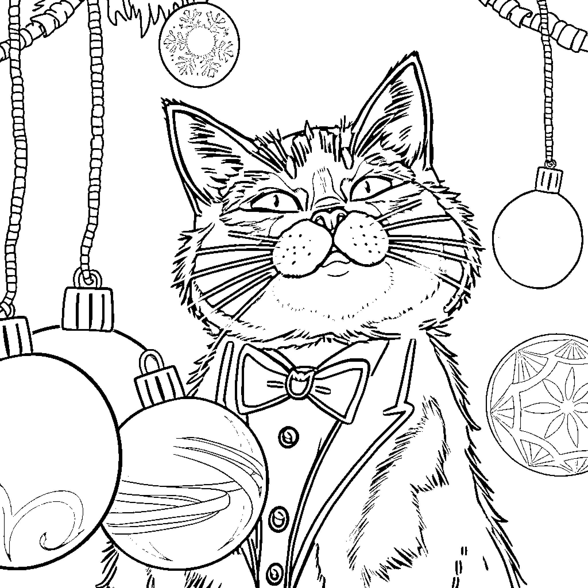 Cat in a festive outfit among holiday decorations Coloring Page (free black-and-white line drawing printable PDF for all, from beginners to advanced learners, including children, teens, adults, and seniors)