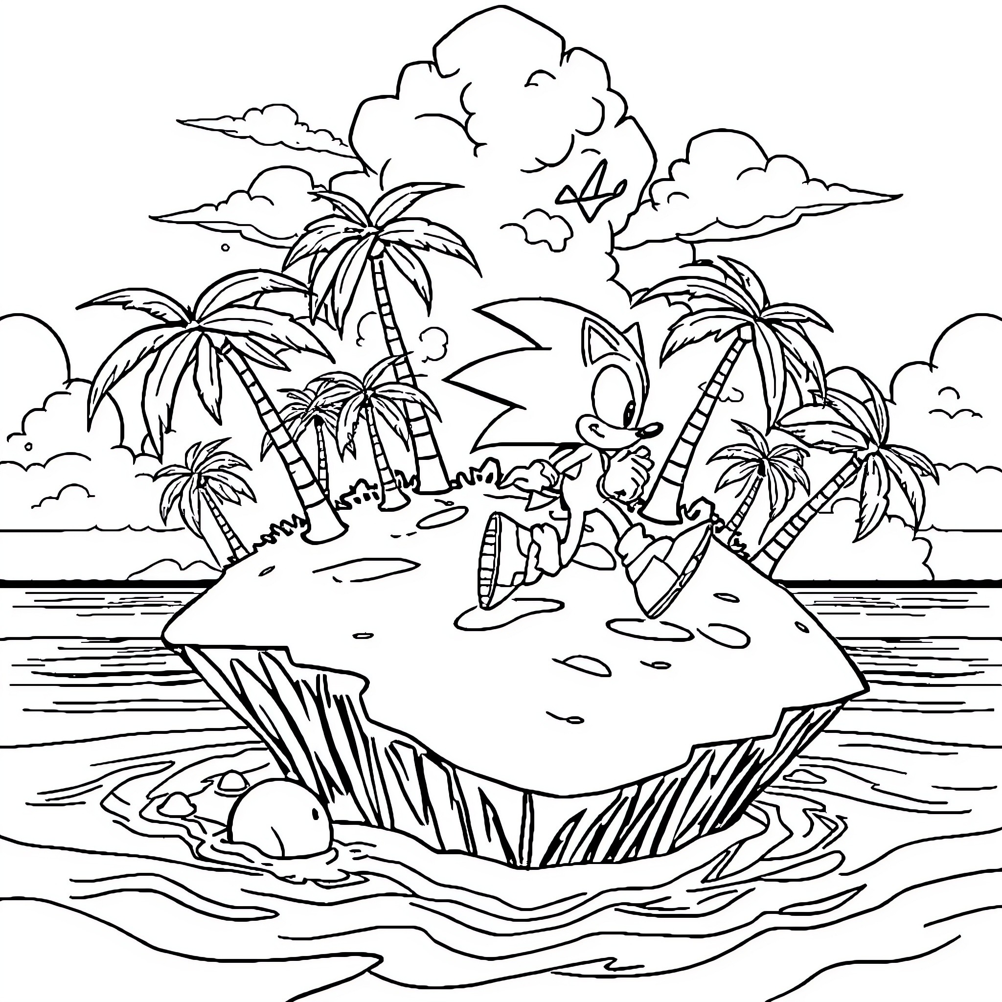 Sonic's Tropical Island Adventure Coloring Page (free black-and-white line drawing printable PDF for all, from beginners to advanced learners, including children, teens, adults, and seniors)
