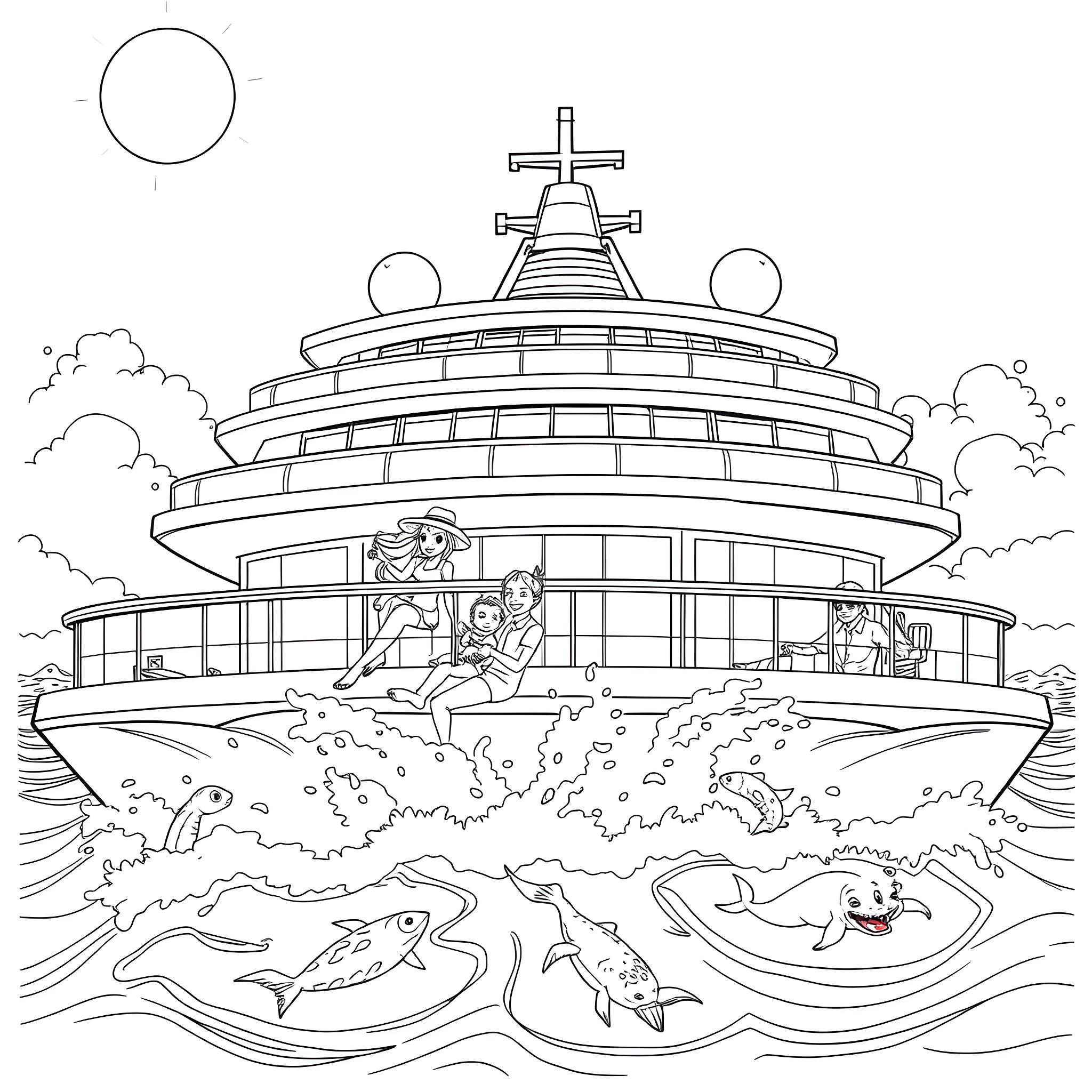 Bluey and friends playing on a ship at sea Coloring Page (free black-and-white line drawing printable PDF for all, from beginners to advanced learners, including children, teens, adults, and seniors)