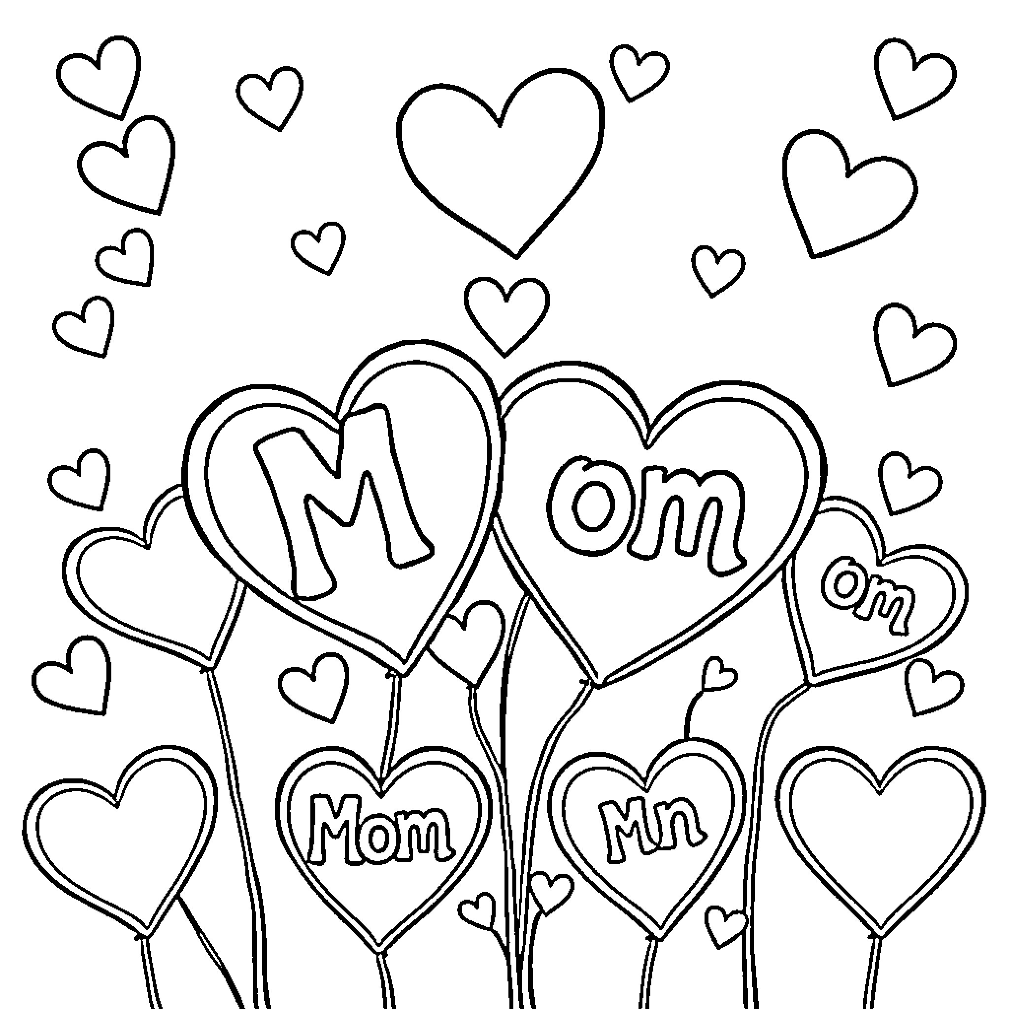 Heart-Shaped Balloons for Mom and Family Coloring Page (free black-and-white line drawing printable PDF for all, from beginners to advanced learners, including children, teens, adults, and seniors)