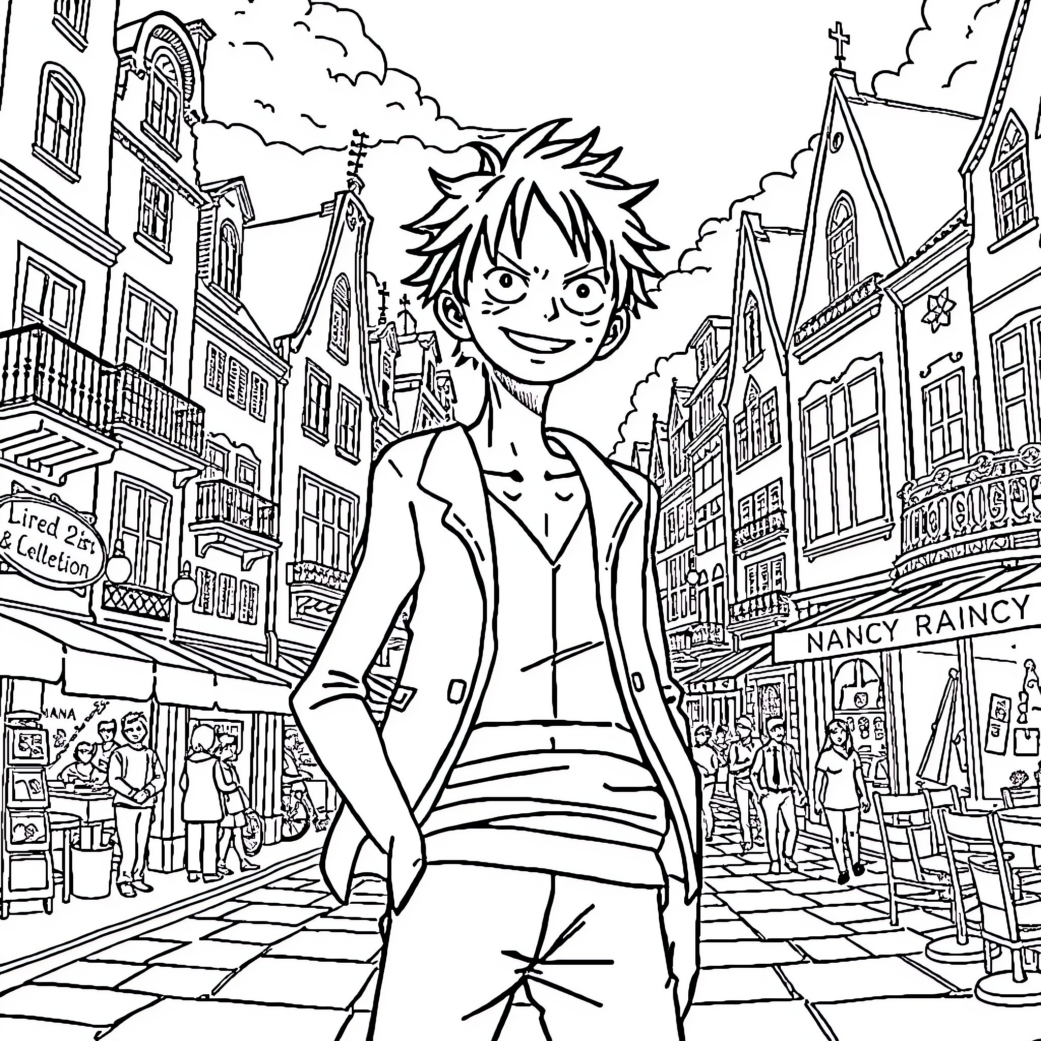 Luffy exploring the bustling city streets Coloring Page (free black-and-white line drawing printable PDF for all, from beginners to advanced learners, including children, teens, adults, and seniors)