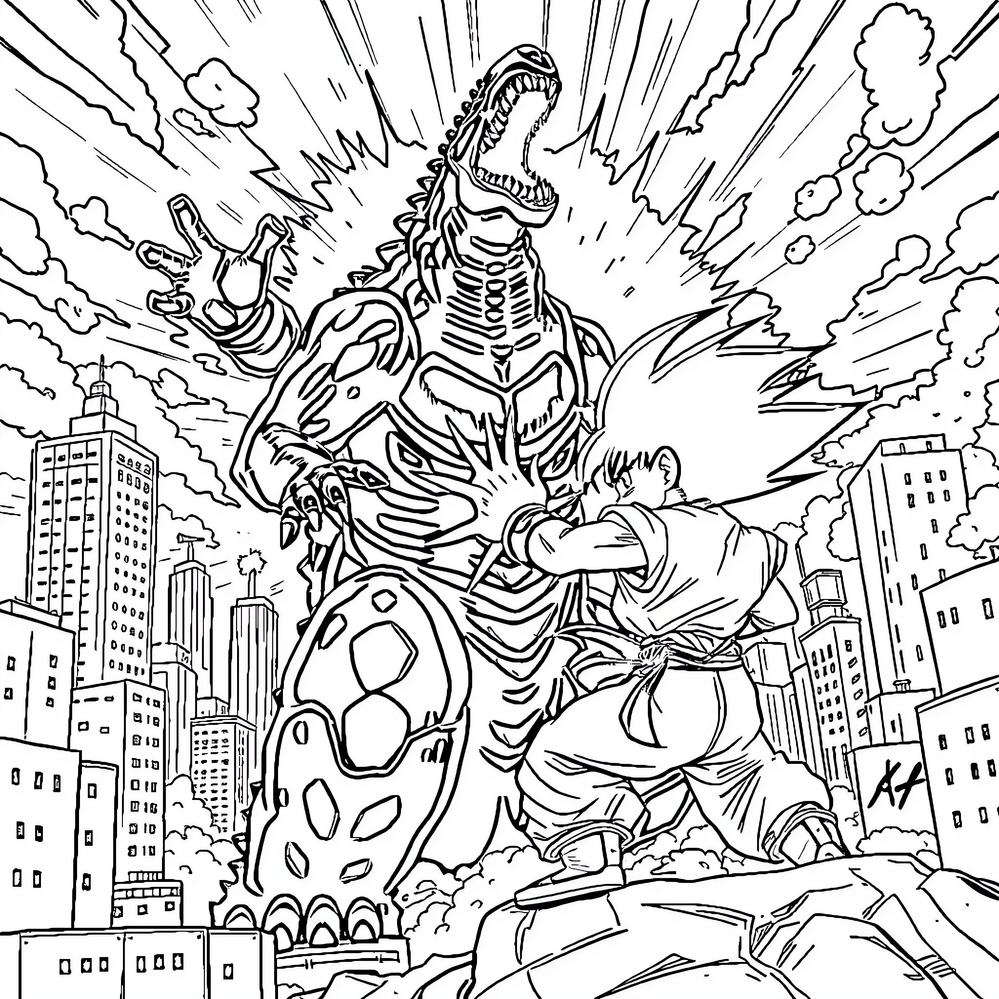 Gondizilla unleashes destruction in the city Coloring Page (free black-and-white line drawing printable PDF for all, from beginners to advanced learners, including children, teens, adults, and seniors)
