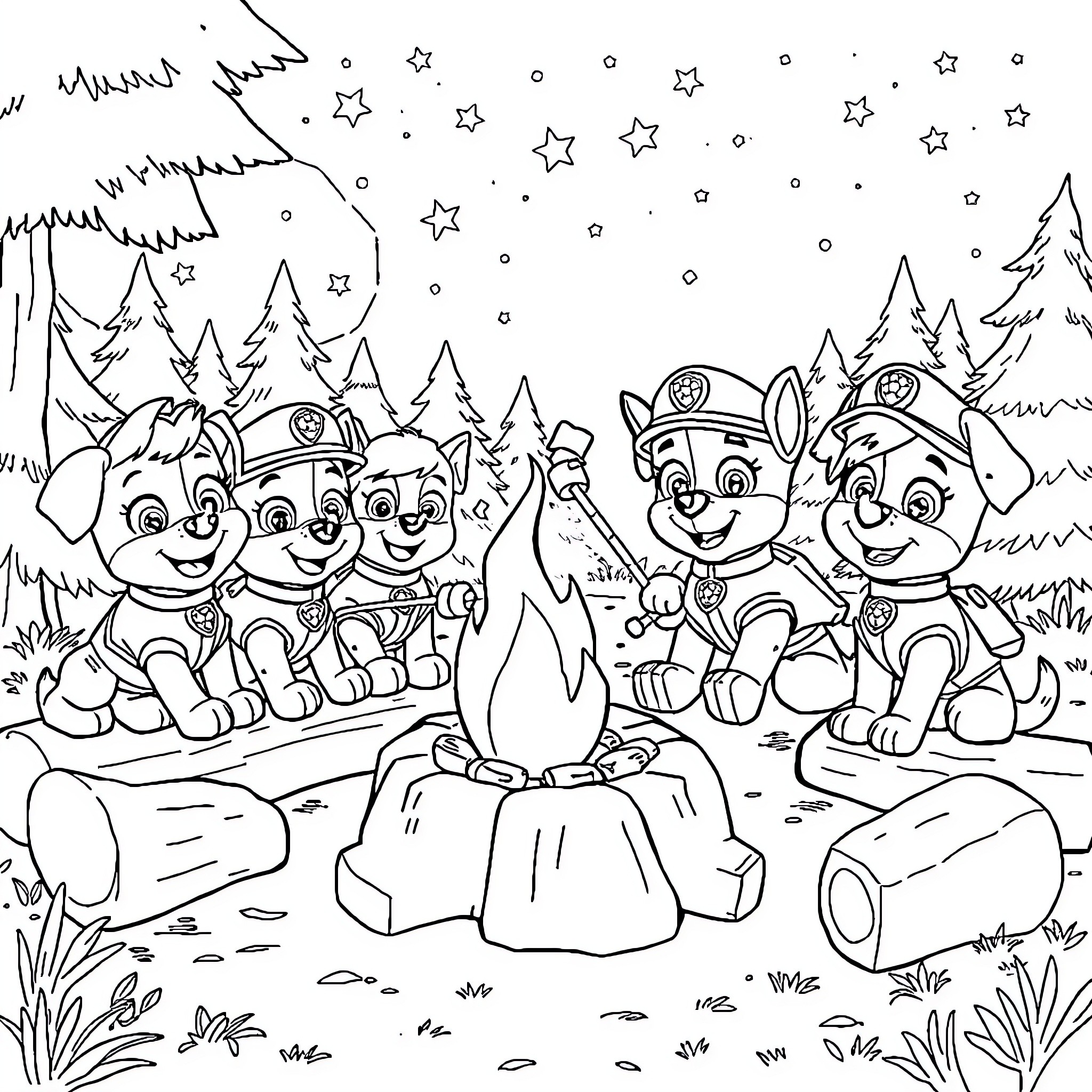 Paw Patrol Pups Enjoying Campfire in Snowy Forest Coloring Page (free black-and-white line drawing printable PDF for all, from beginners to advanced learners, including children, teens, adults, and seniors)