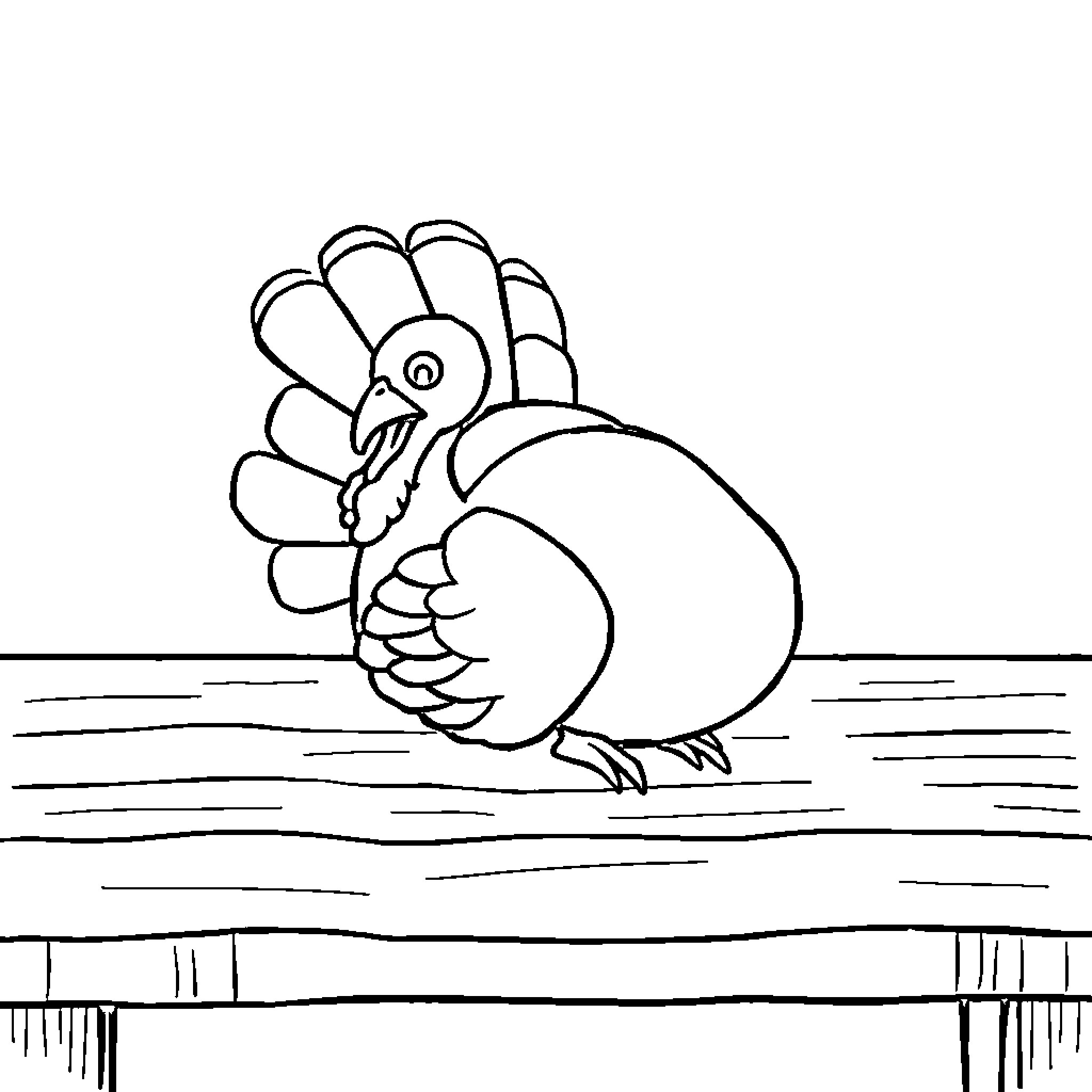 Turkey bird standing on a wooden dock Coloring Page (free black-and-white line drawing printable PDF for all, from beginners to advanced learners, including children, teens, adults, and seniors)
