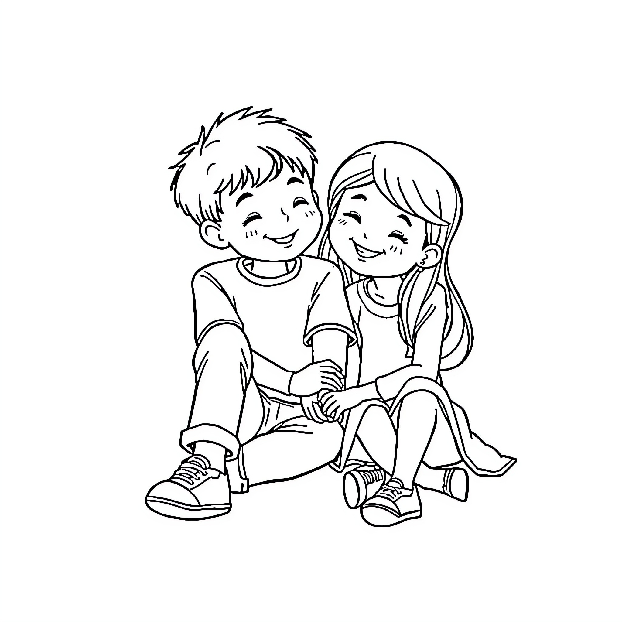 Boy and Girl Sitting Together Happily Coloring Page (free black-and-white line drawing printable PDF for all, from beginners to advanced learners, including children, teens, adults, and seniors)
