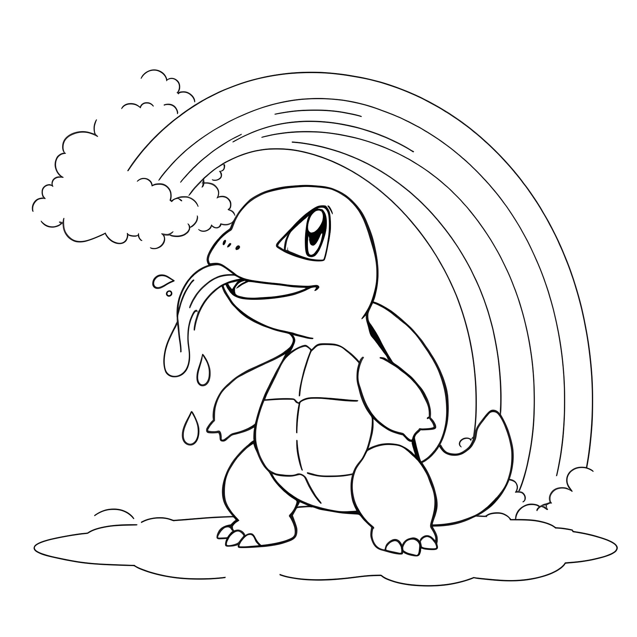 Squirtle splashing happily in the rain with a rainbow Coloring Page (free black-and-white line drawing printable PDF for all, from beginners to advanced learners, including children, teens, adults, and seniors)