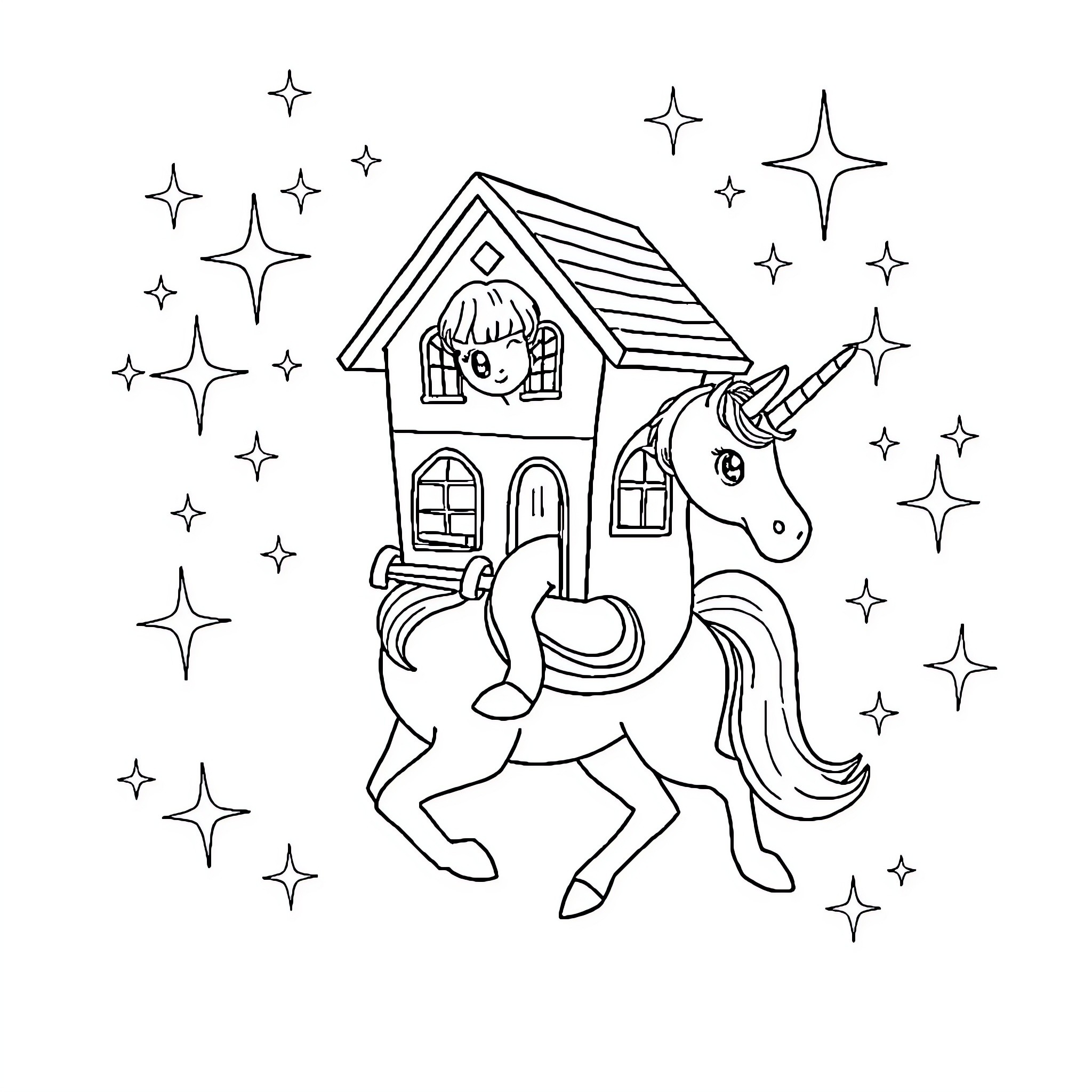 Gabby's Dollhouse featuring a unicorn and house Coloring Page (free black-and-white line drawing printable PDF for all, from beginners to advanced learners, including children, teens, adults, and seniors)