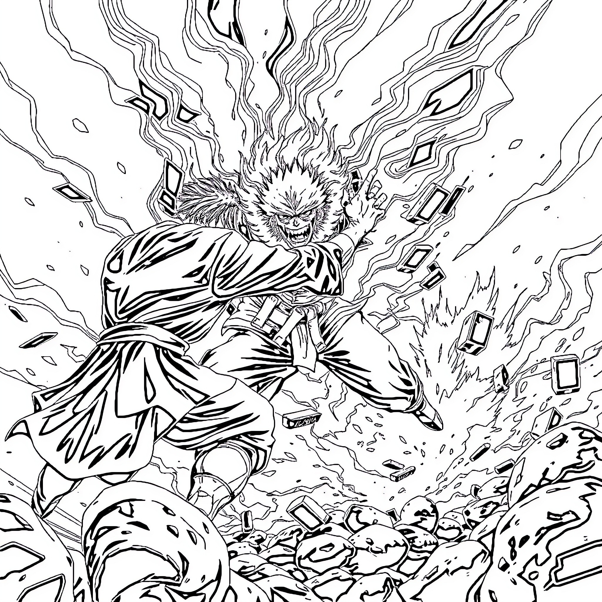 Gojo's Powerful Manifestation of Cursed Energy Coloring Page (free black-and-white line drawing printable PDF for all, from beginners to advanced learners, including children, teens, adults, and seniors)