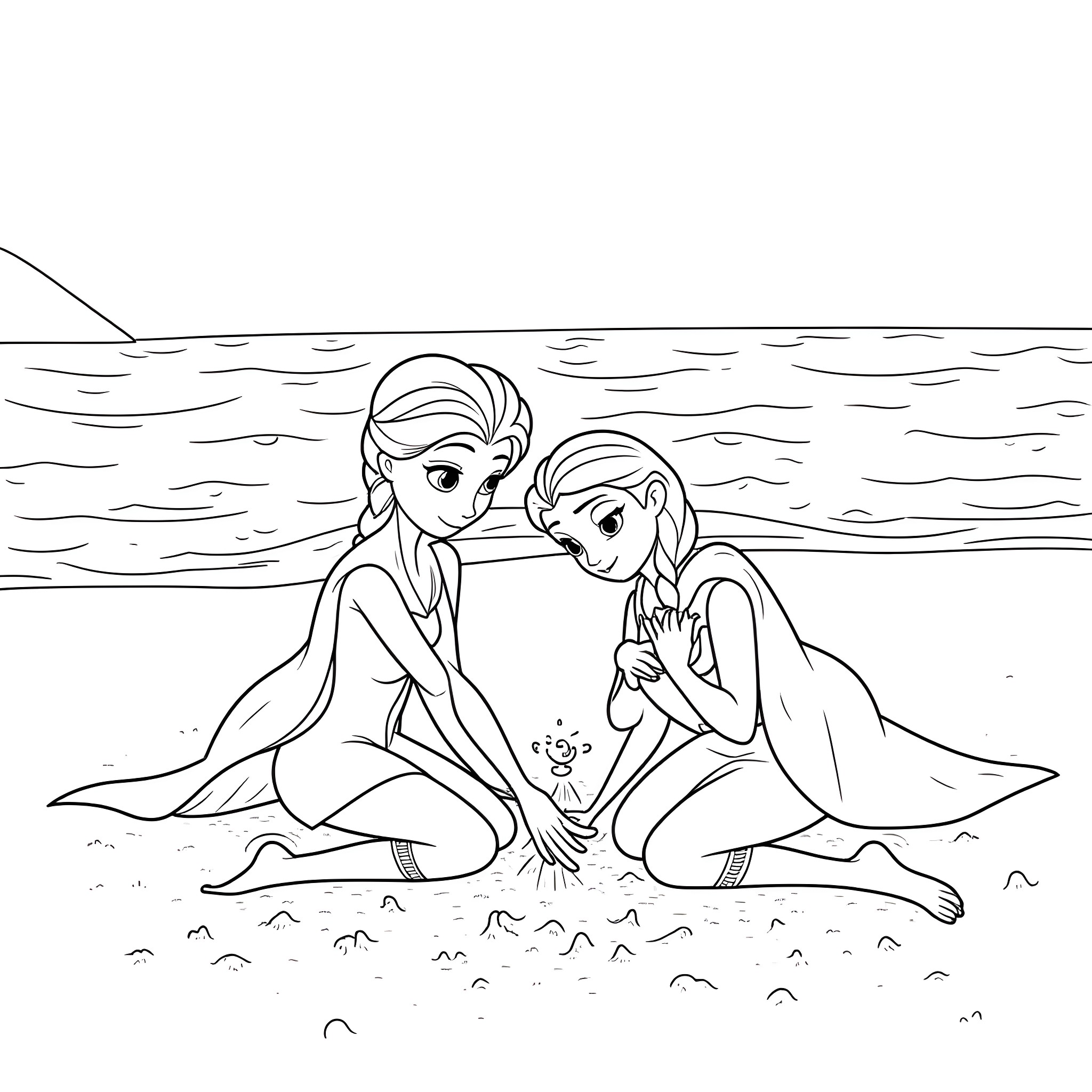 Elsa and Anna playing together on the beach Coloring Page (free black-and-white line drawing printable PDF for all, from beginners to advanced learners, including children, teens, adults, and seniors)