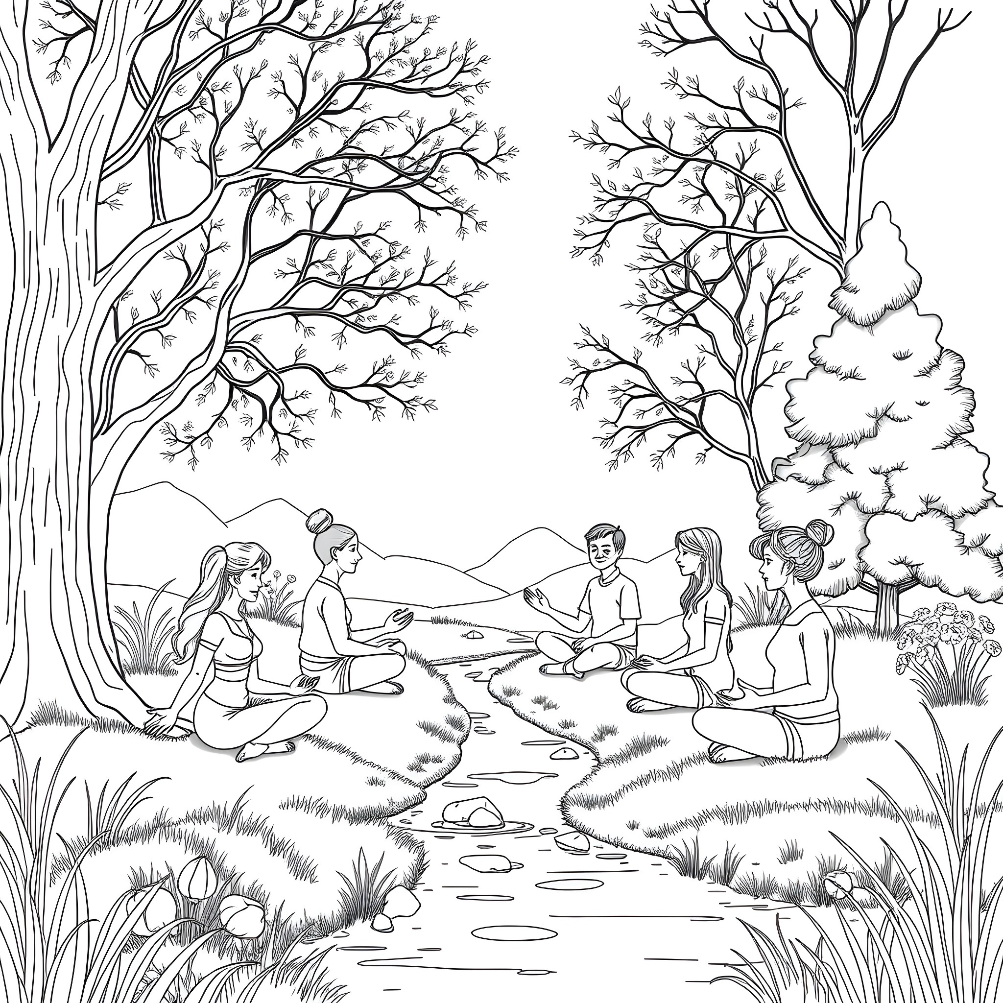 Mental Health: Friends Sharing and Connecting in Nature Coloring Page (free black-and-white line drawing printable PDF for all, from beginners to advanced learners, including children, teens, adults, and seniors)