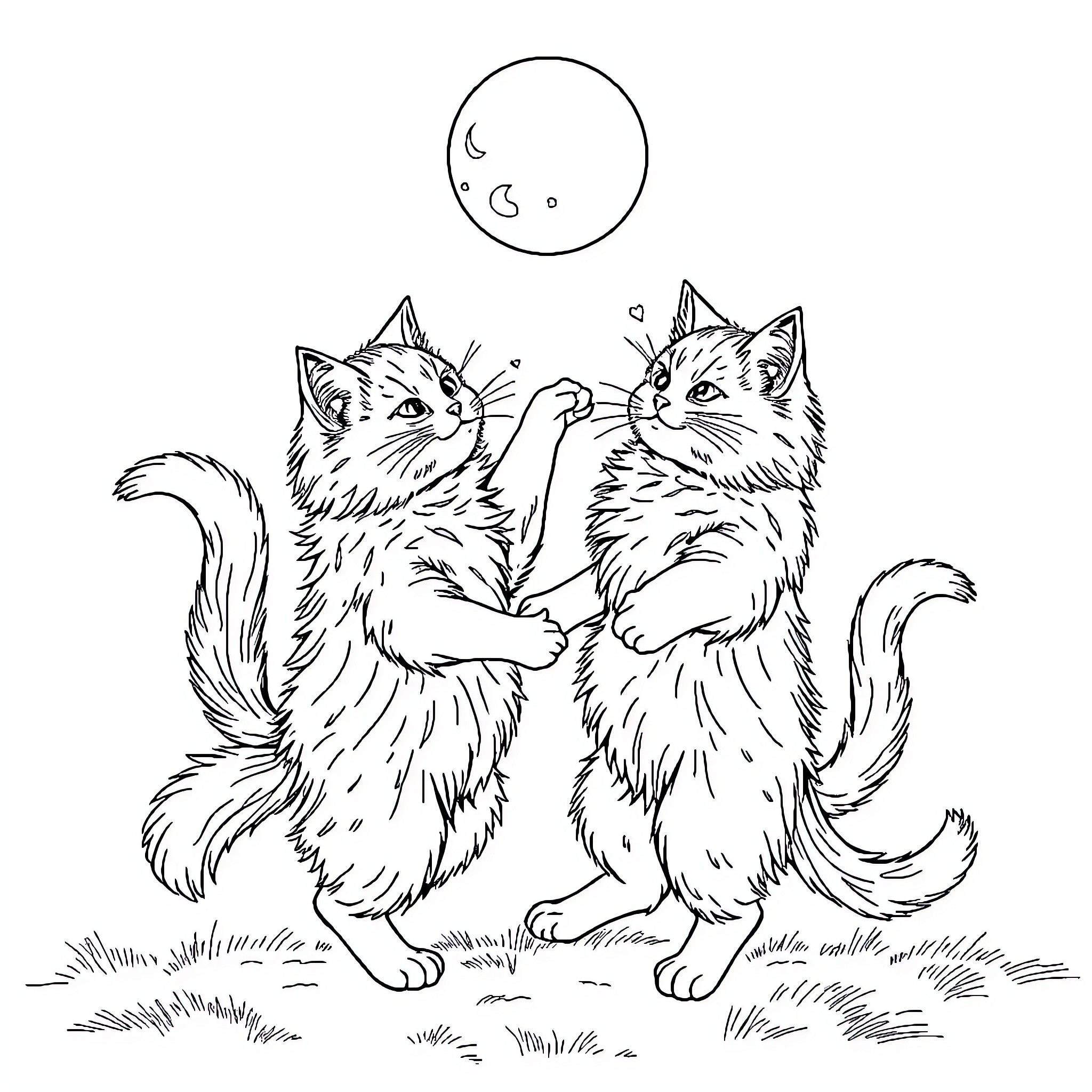 Cat friends playing under the moon Coloring Page (free black-and-white line drawing printable PDF for all, from beginners to advanced learners, including children, teens, adults, and seniors)