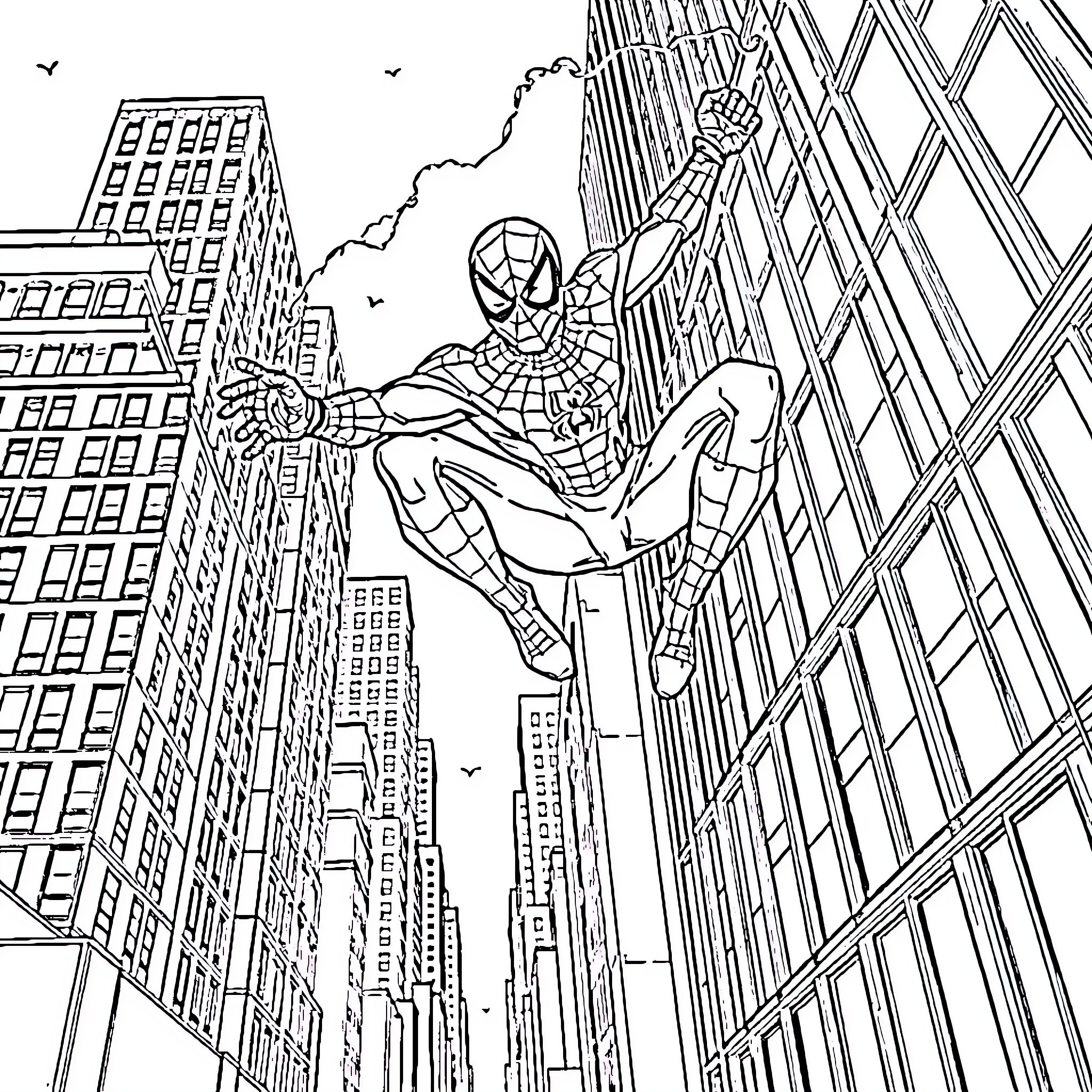 Spiderman swinging through the city skyscrapers Coloring Page (free black-and-white line drawing printable PDF for all, from beginners to advanced learners, including children, teens, adults, and seniors)