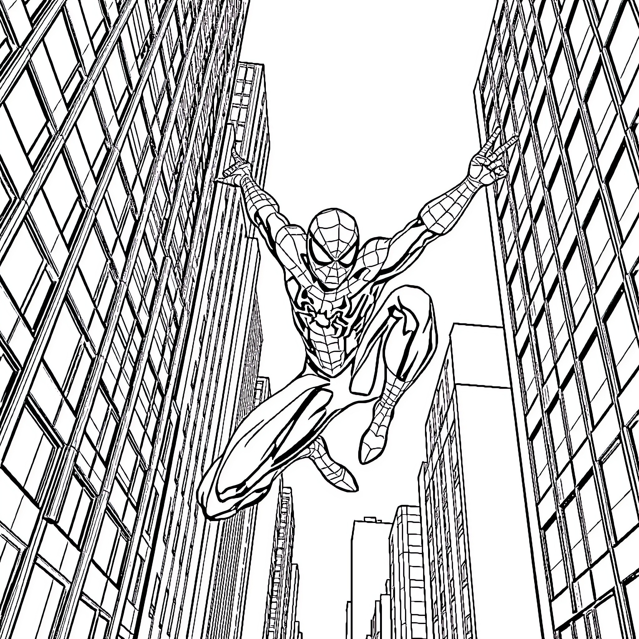Spiderman swinging through the city skyline Coloring Page (free black-and-white line drawing printable PDF for all, from beginners to advanced learners, including children, teens, adults, and seniors)