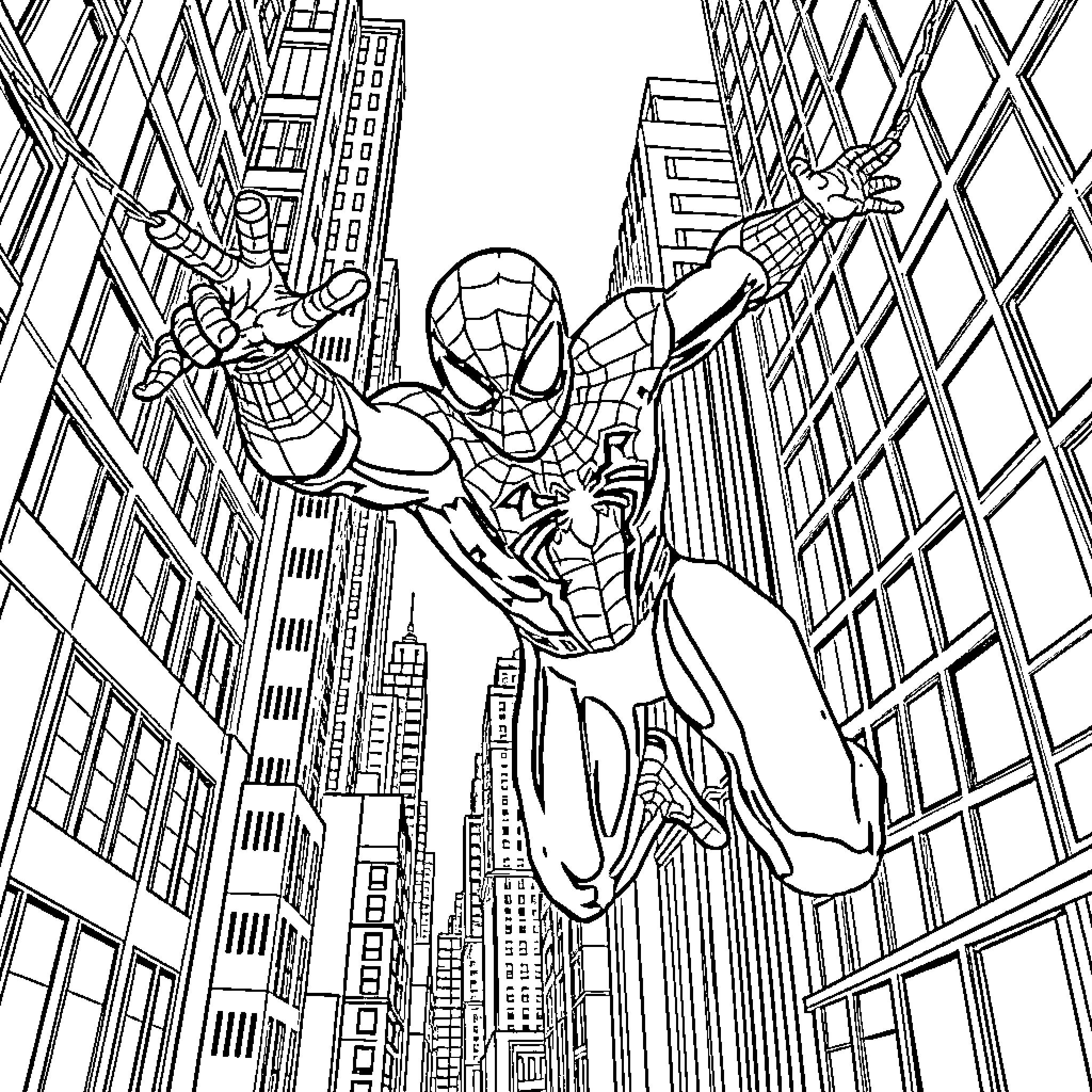 Spiderman swinging through the city skyline Coloring Page (free black-and-white line drawing printable PDF for all, from beginners to advanced learners, including children, teens, adults, and seniors)