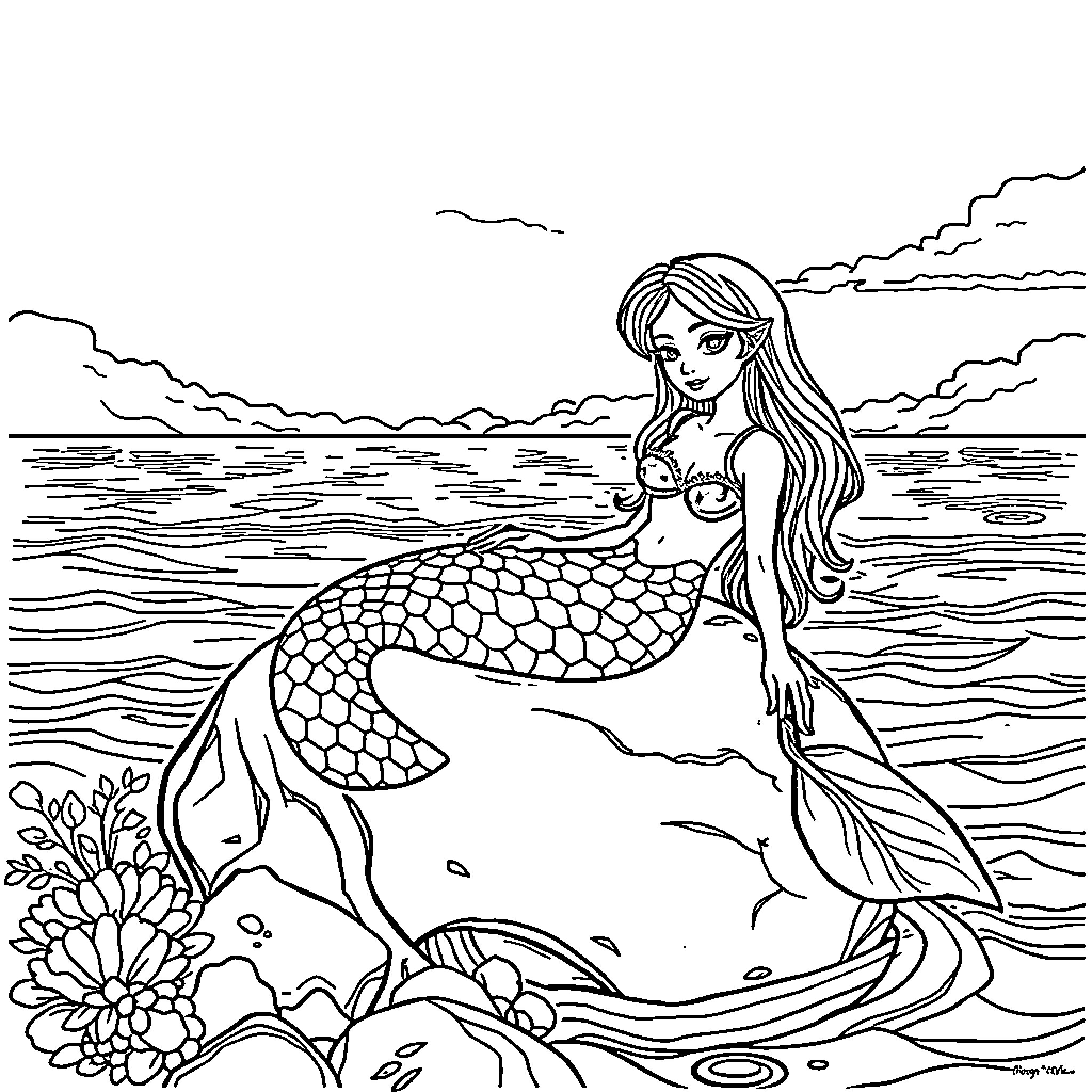 Mermaid swimming gracefully in the sea Coloring Page (free black-and-white line drawing printable PDF for all, from beginners to advanced learners, including children, teens, adults, and seniors)