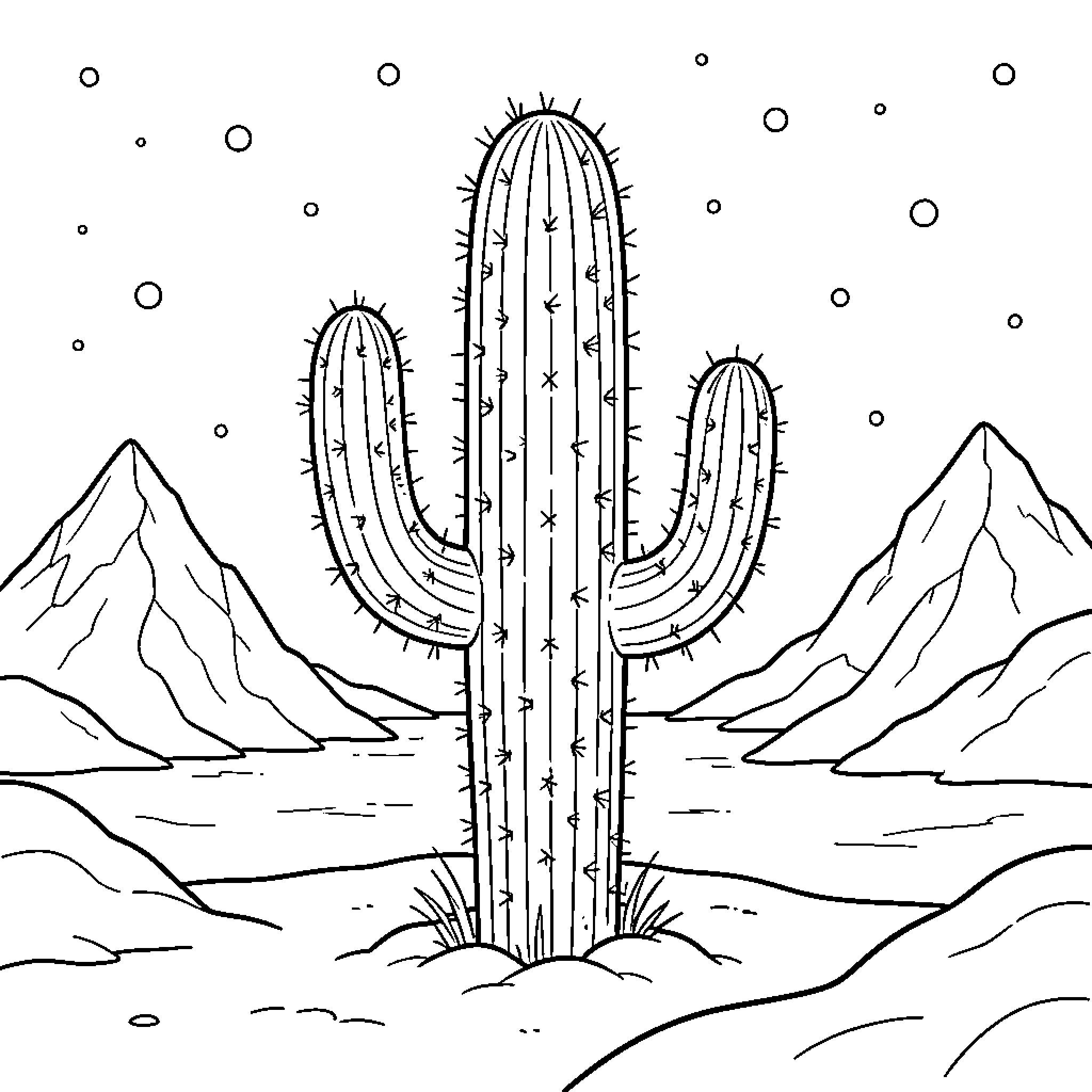 Cactus standing tall in a desert landscape Coloring Page (free black-and-white line drawing printable PDF for all, from beginners to advanced learners, including children, teens, adults, and seniors)