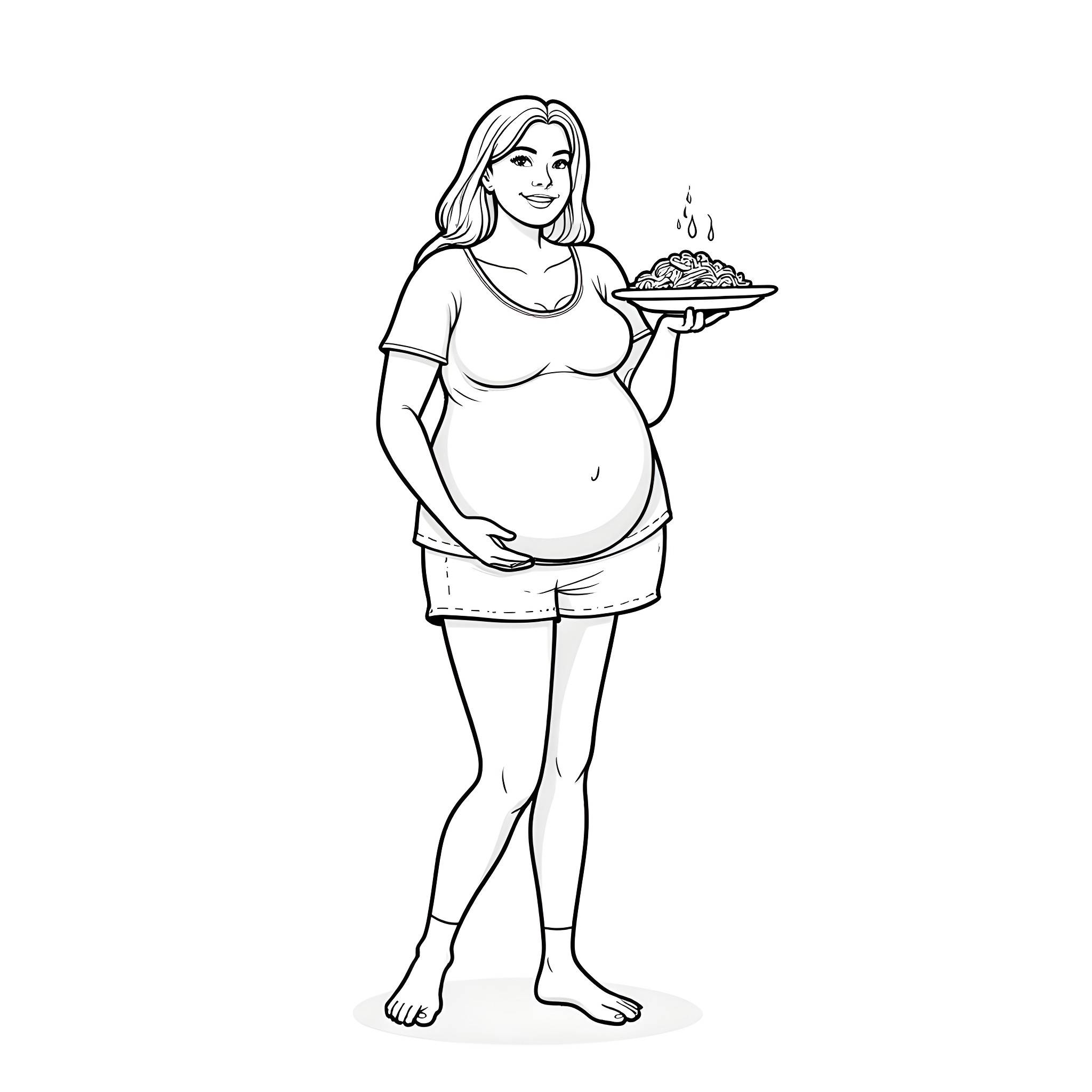 Woman Enjoying Meal During Pregnancy Coloring Page (free black-and-white line drawing printable PDF for all, from beginners to advanced learners, including children, teens, adults, and seniors)