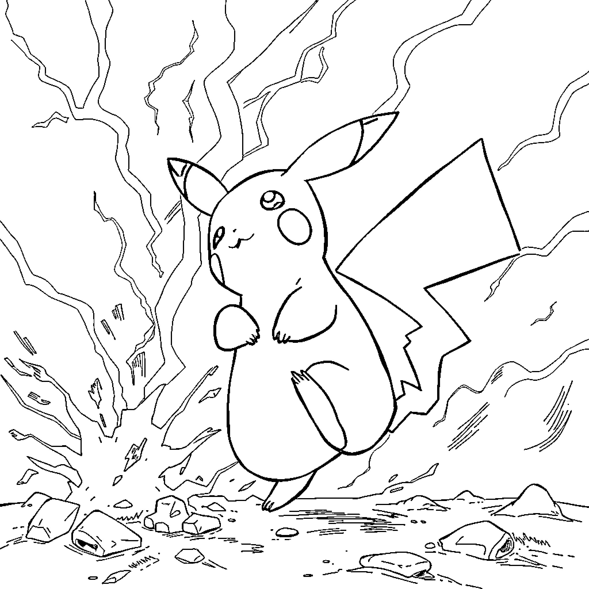 Pikachu amid crackling electricity in a rocky landscape Coloring Page (free black-and-white line drawing printable PDF for all, from beginners to advanced learners, including children, teens, adults, and seniors)