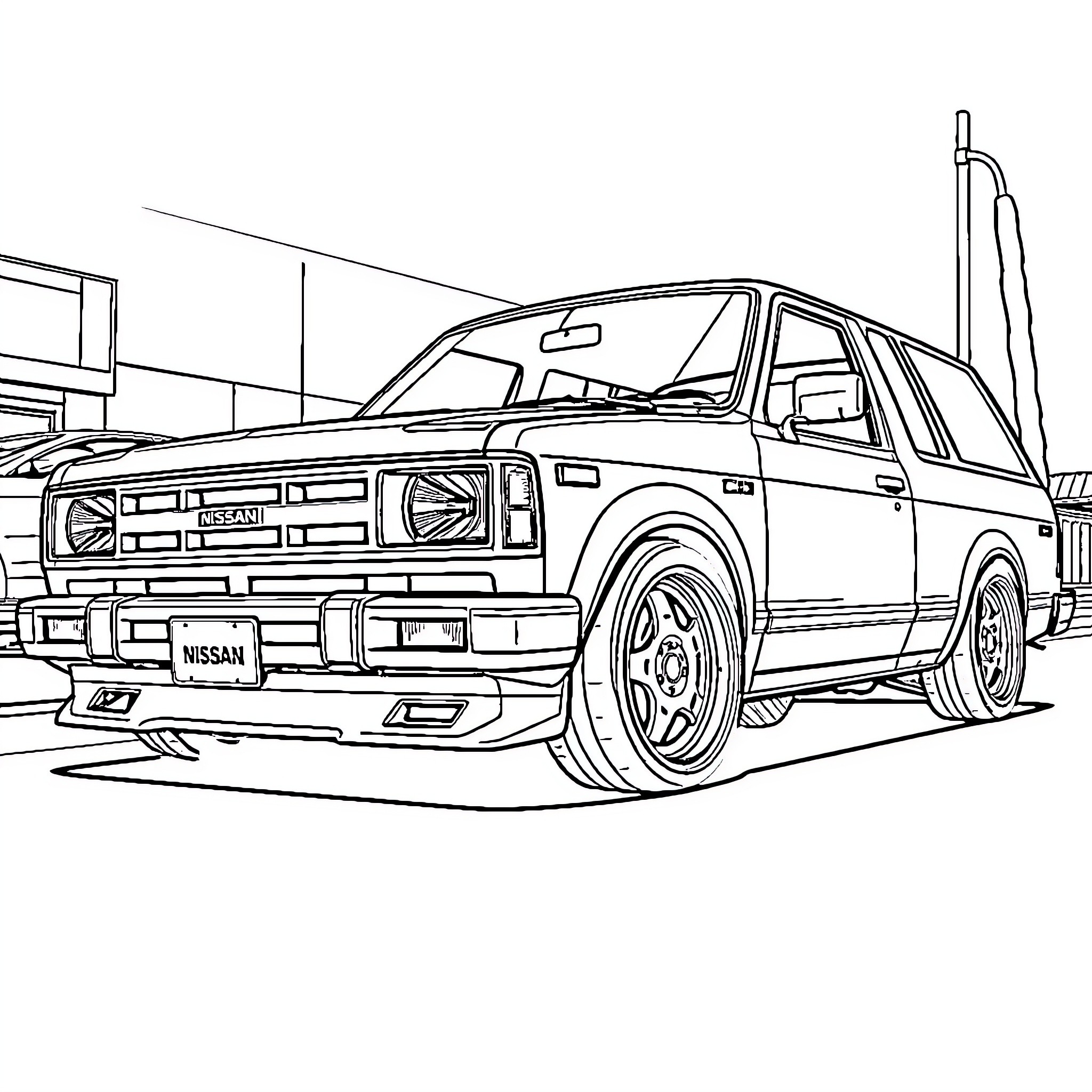Nissan Pickup Truck in Detailed Outline Coloring Page (free black-and-white line drawing printable PDF for all, from beginners to advanced learners, including children, teens, adults, and seniors)