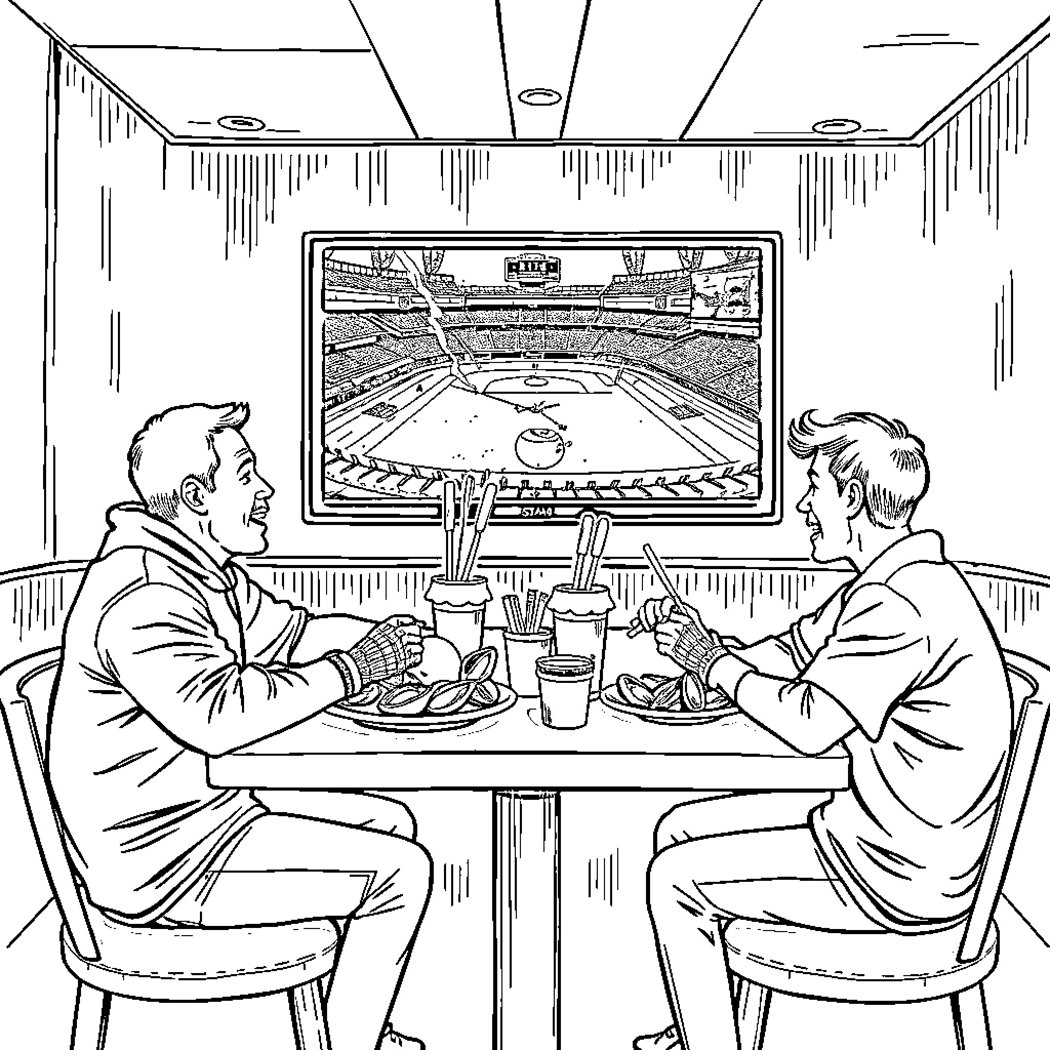 Friend watching sports game together in home Coloring Page (free black-and-white line drawing printable PDF for all, from beginners to advanced learners, including children, teens, adults, and seniors)