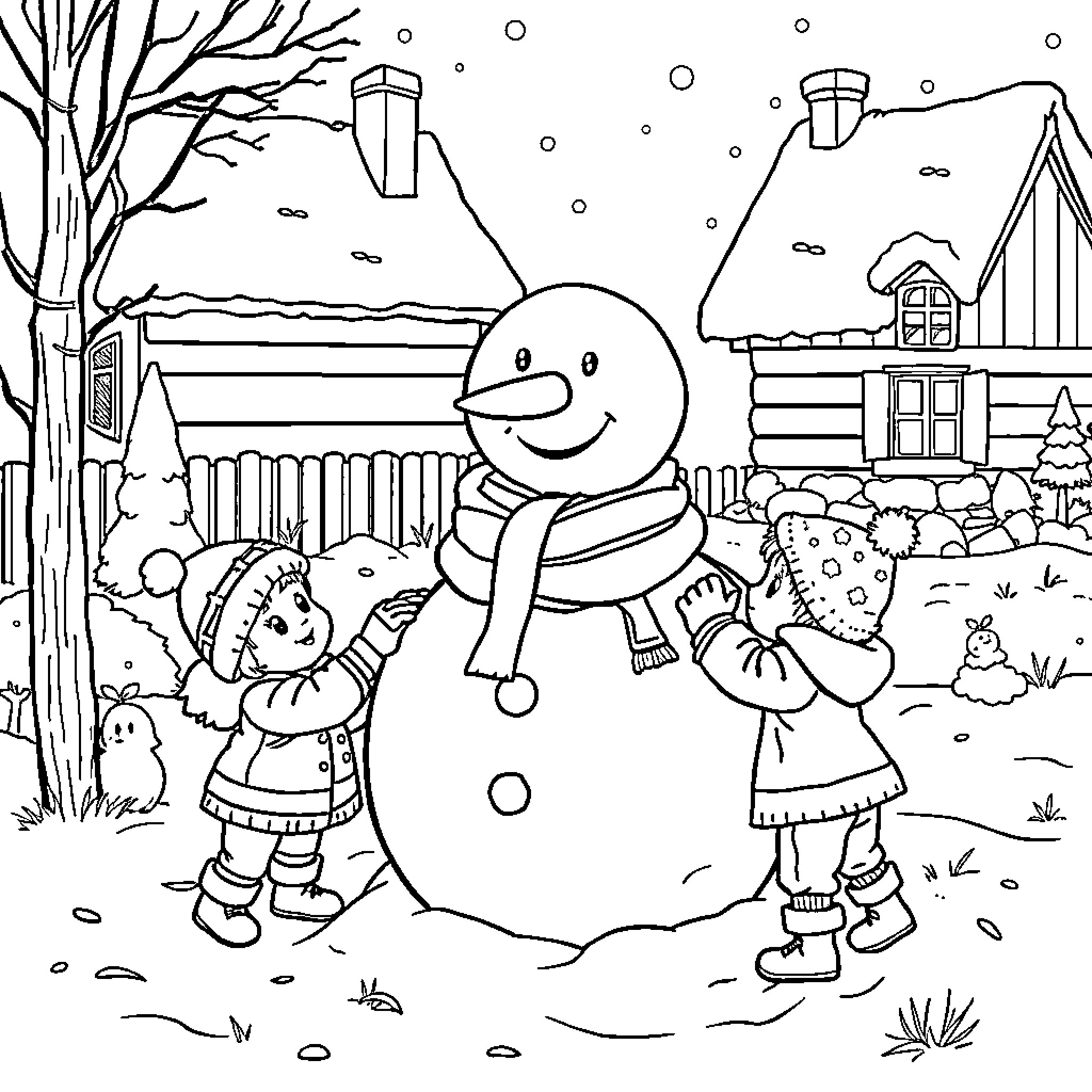 Boy building a jolly snowman in the winter wonderland Coloring Page (free black-and-white line drawing printable PDF for all, from beginners to advanced learners, including children, teens, adults, and seniors)