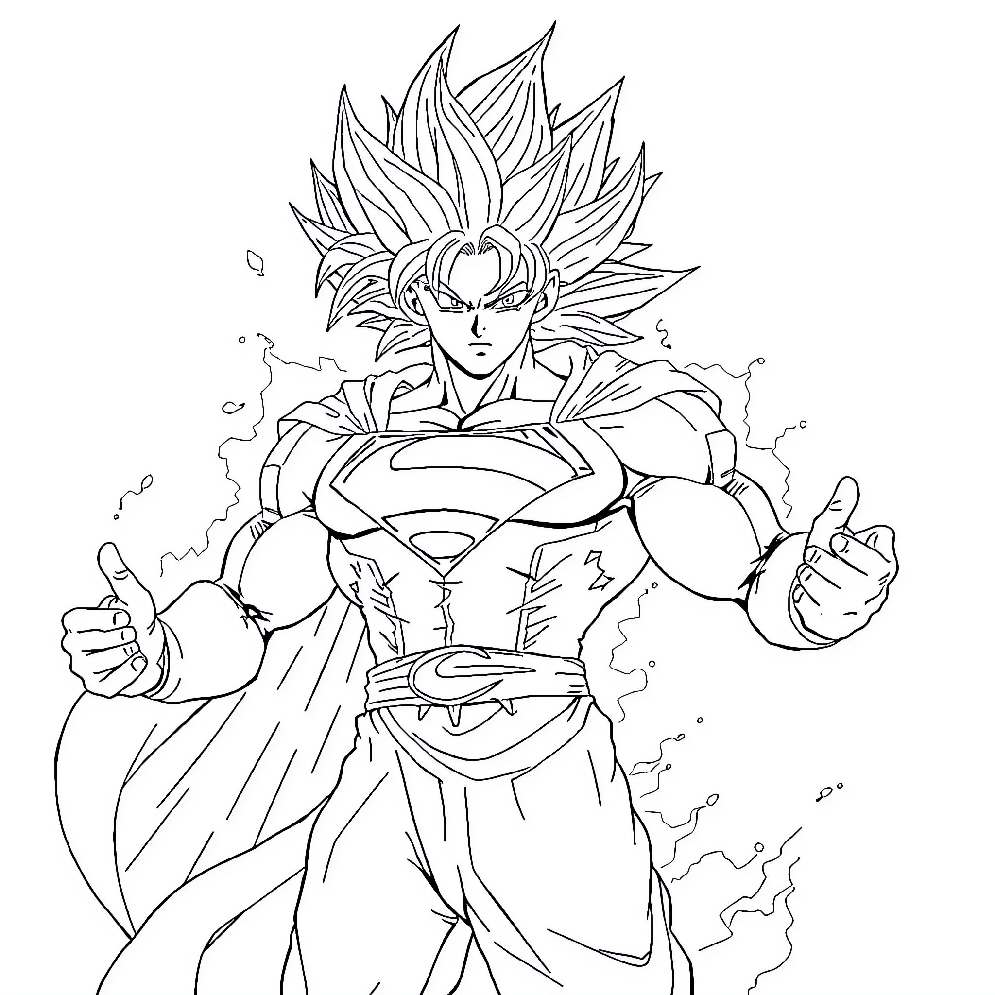 Superman hero with fierce energy and battle stance Coloring Page (free black-and-white line drawing printable PDF for all, from beginners to advanced learners, including children, teens, adults, and seniors)