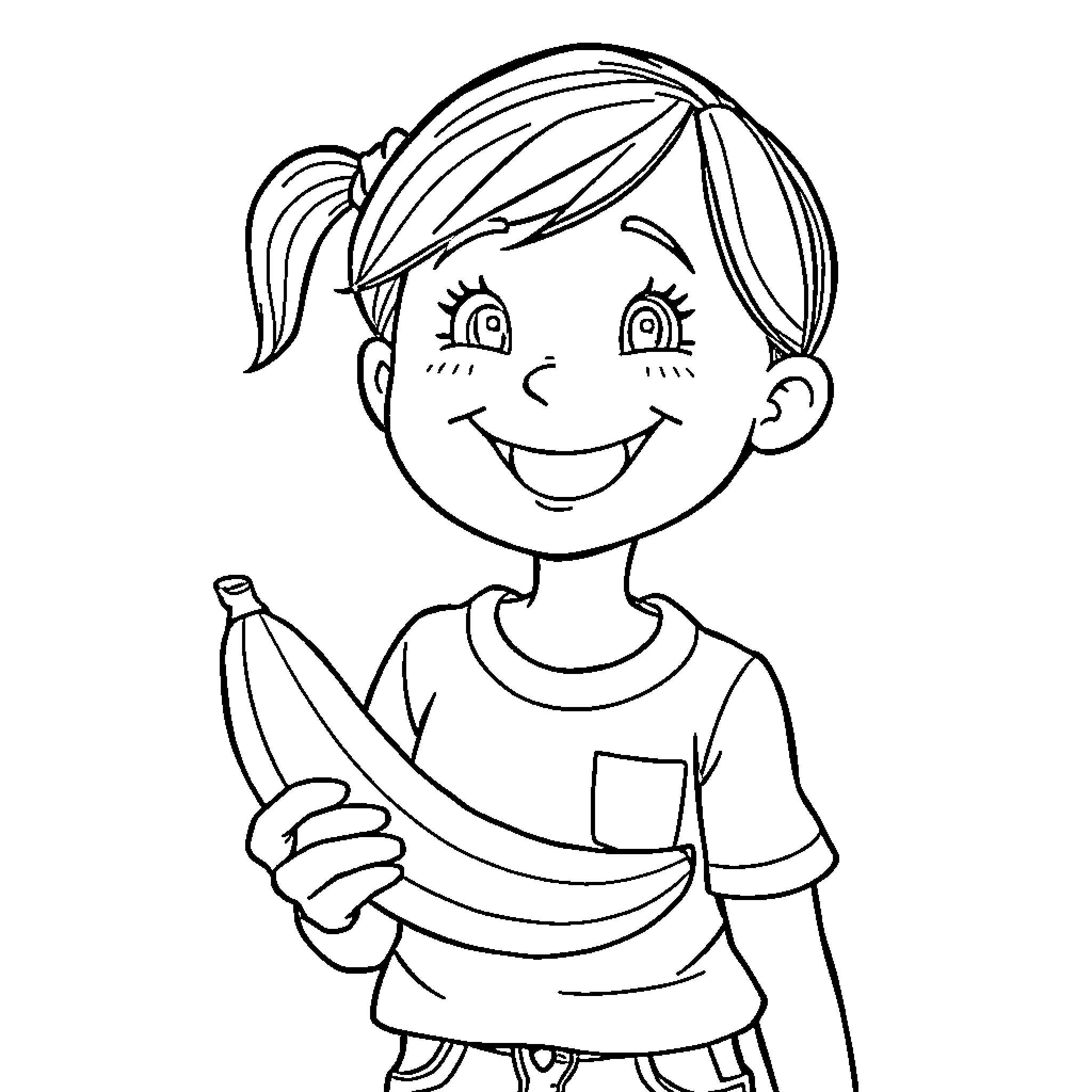 Hannah Banana enjoying a delicious snack Coloring Page (free black-and-white line drawing printable PDF for all, from beginners to advanced learners, including children, teens, adults, and seniors)