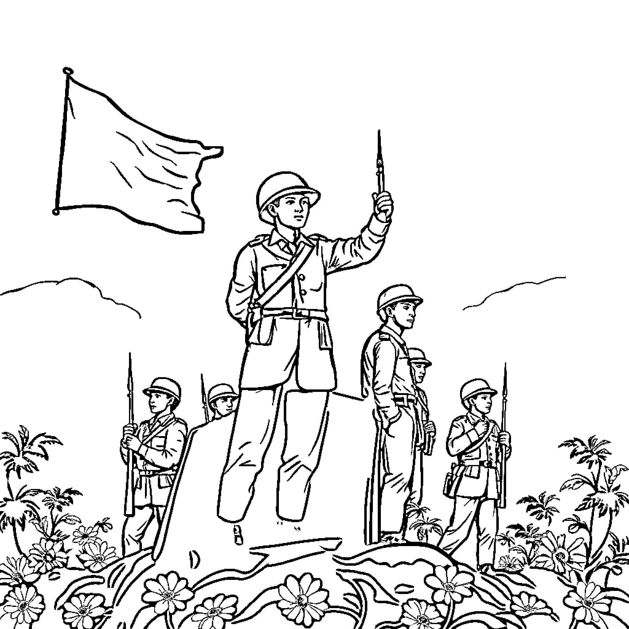 Hari Pahlawan: Soldiers rallying with flag and weapons Coloring Page (free black-and-white line drawing printable PDF for all, from beginners to advanced learners, including children, teens, adults, and seniors)
