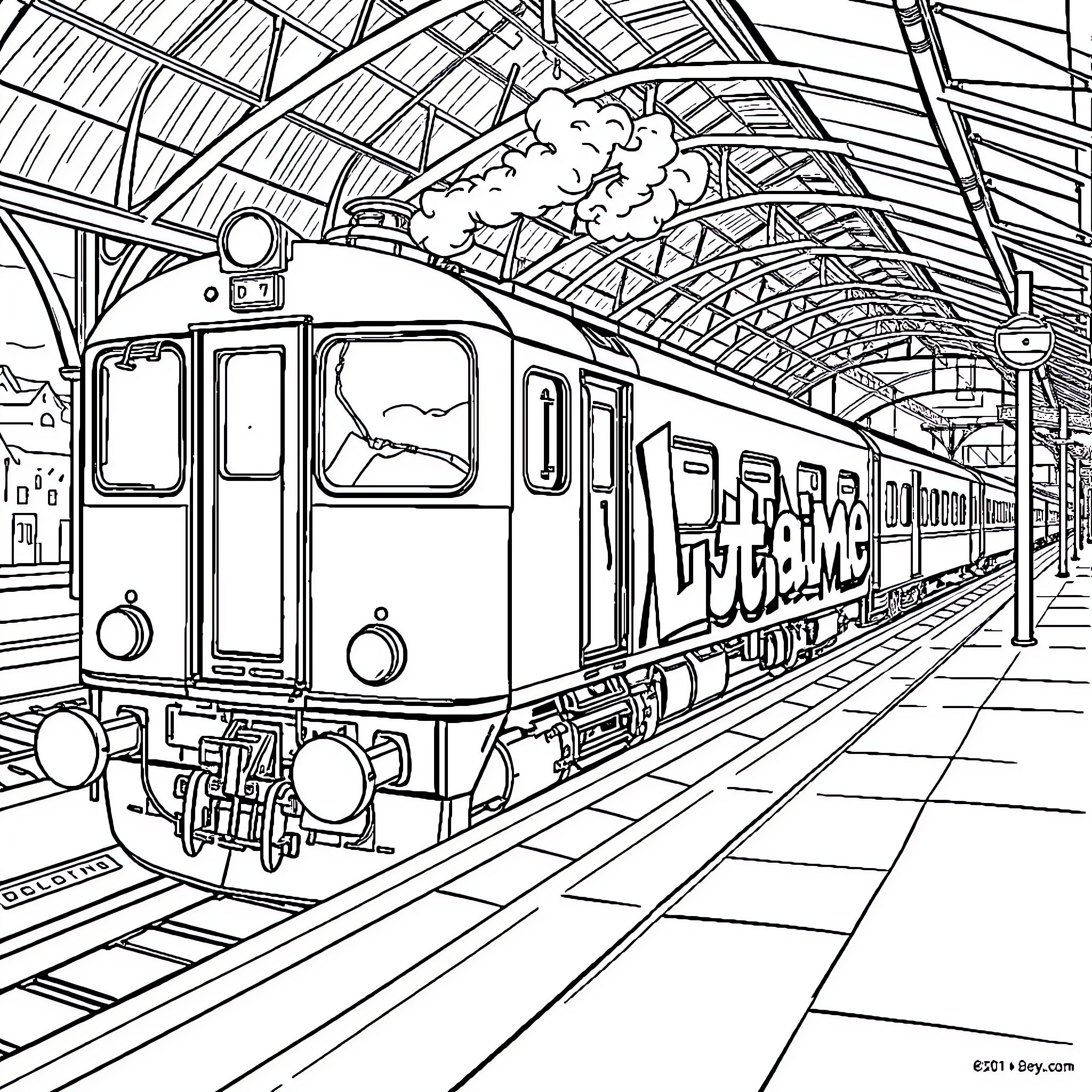 Train arriving at the platform under a glass roof Coloring Page (free black-and-white line drawing printable PDF for all, from beginners to advanced learners, including children, teens, adults, and seniors)